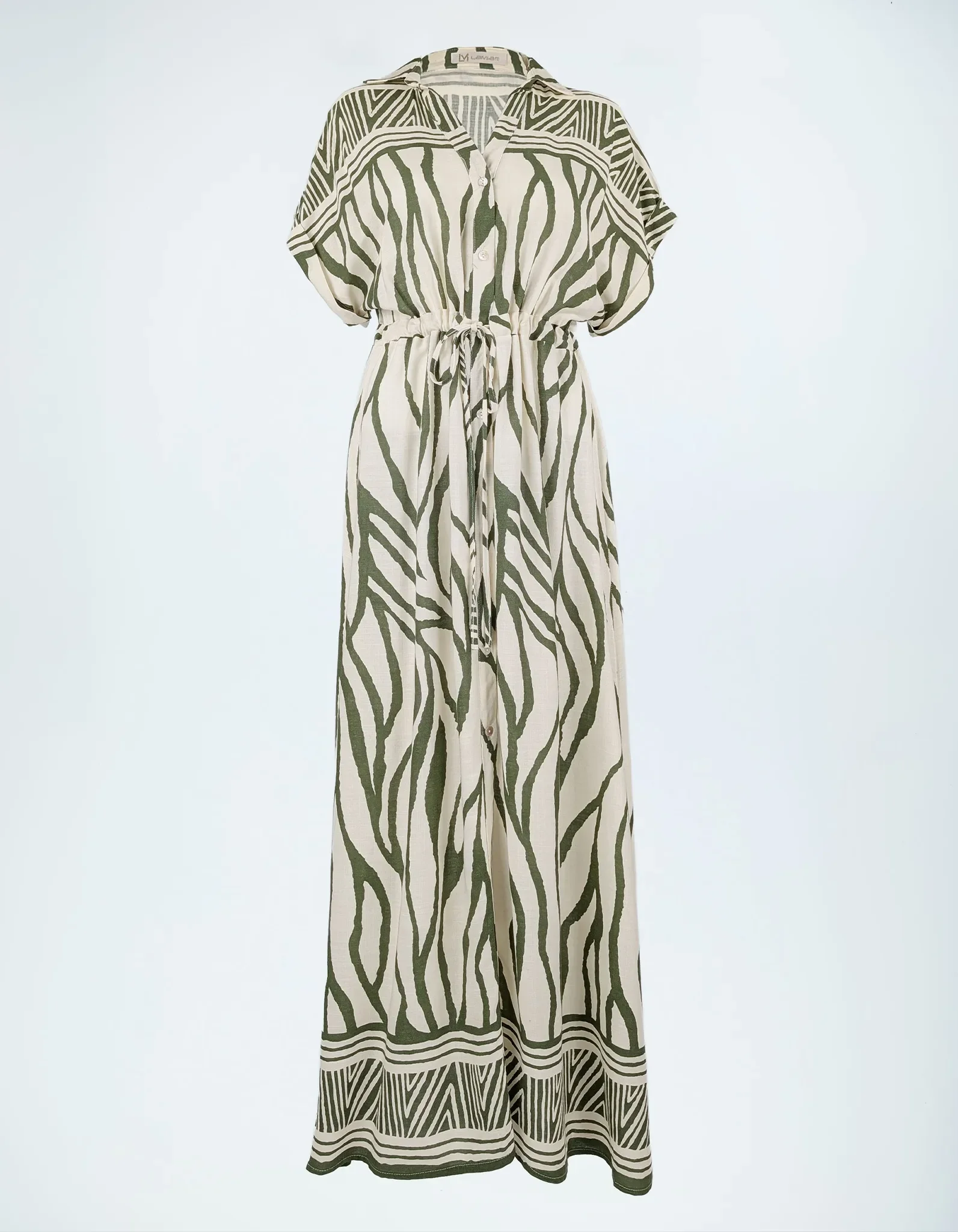 Zebraprint Maxikleid Khaki Frontansicht.