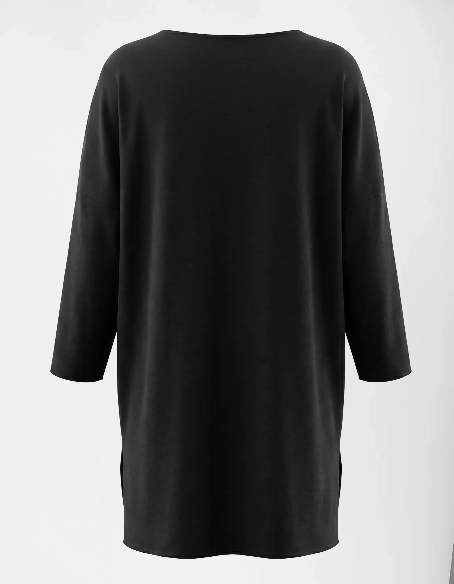 Rückansicht des schwarzen, cleanen Oversize-Longshirts.
