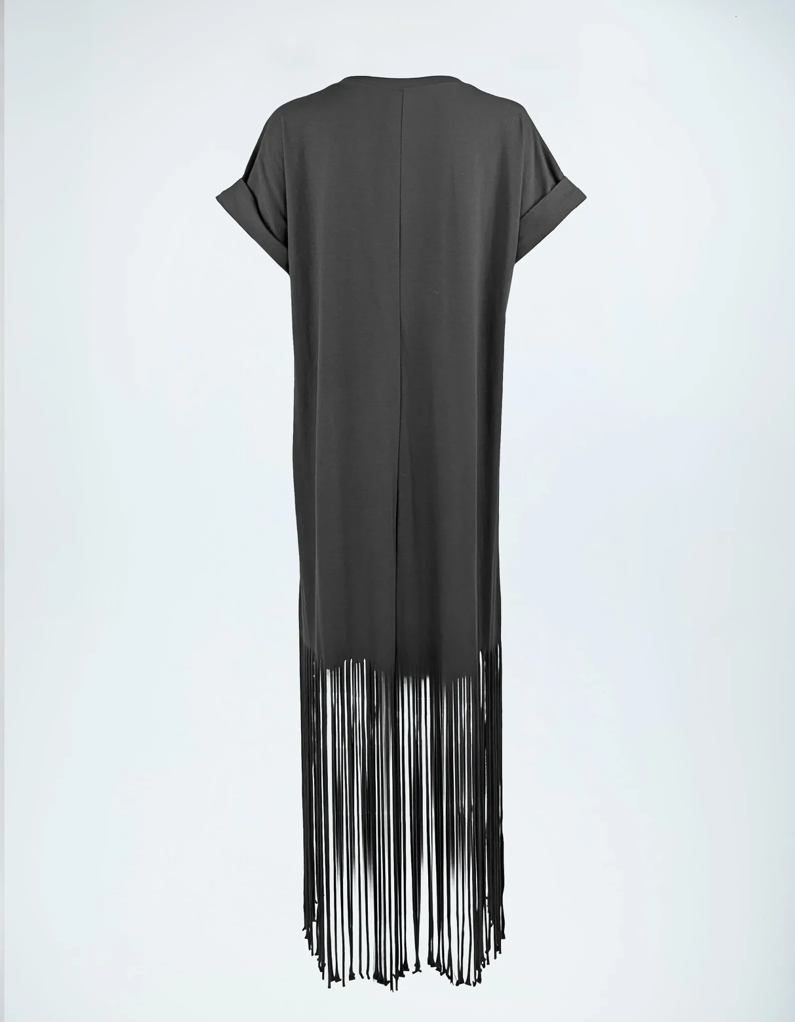 Schwarzes Fransenkleid Rückansicht.