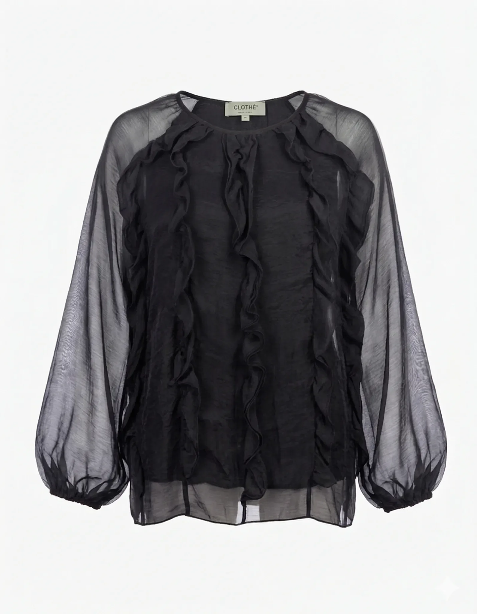 Schwarze Chiffonbluse MAE mit vertikalen Volants auf der Vorderseite und transparenten Ärmeln.