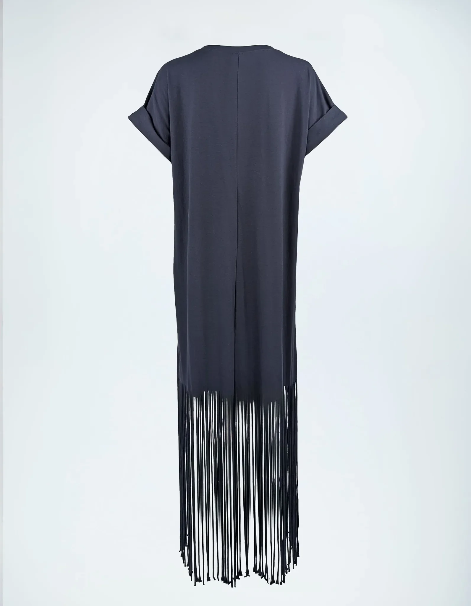 Dunkelblaues Fransenkleid Rückansicht.