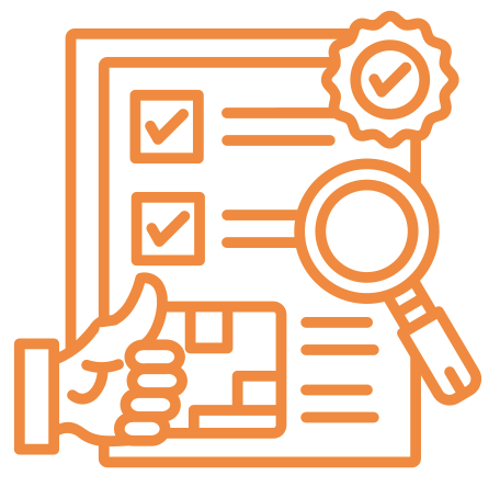 Outline of a checklist with a magnifying glass and a badge, depicting review or inspection process in orange line art.