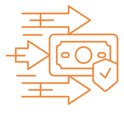 Line art illustration of financial transaction process with arrows, a dollar bill, and a shield with a checkmark.
