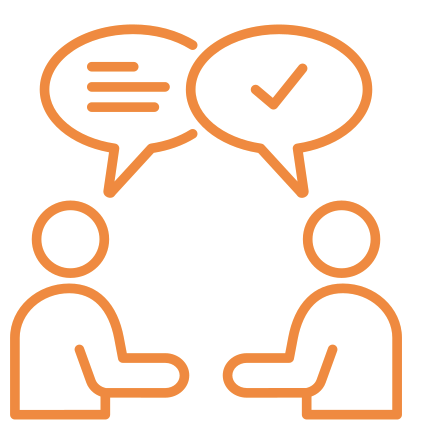 Two outlined figures of people facing each other, with speech bubbles above them. One speech bubble contains lines representing text, and the other contains a check mark.