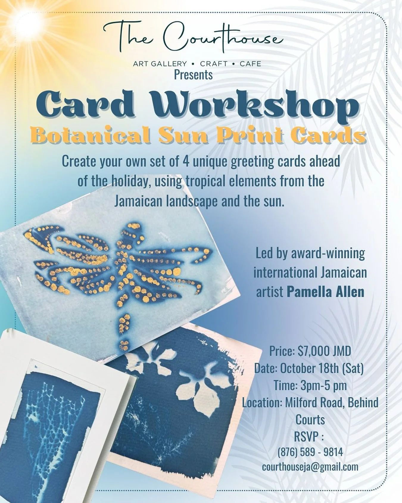 Turn sunshine into art! ☀️✨
Discover the magic of sun printing as you craft 4 unique greeting cards with tropical elements from Jamaica&rsquo;s landscape. A one-of-a-kind workshop led by award-winning artist Pamella Allen 

📅 October 18th | 3&ndash;