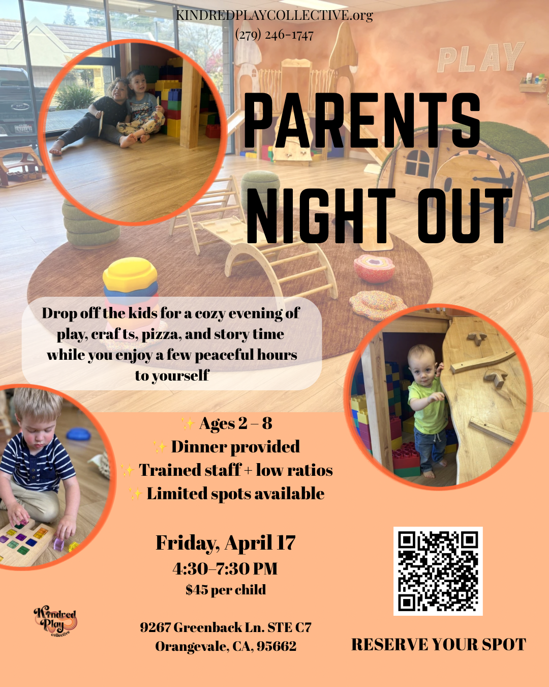 Parents Night Out childcare event at Kindred Play Collective in Orangevale – kids indoor play, crafts, pizza, and supervised evening care for ages 2–8