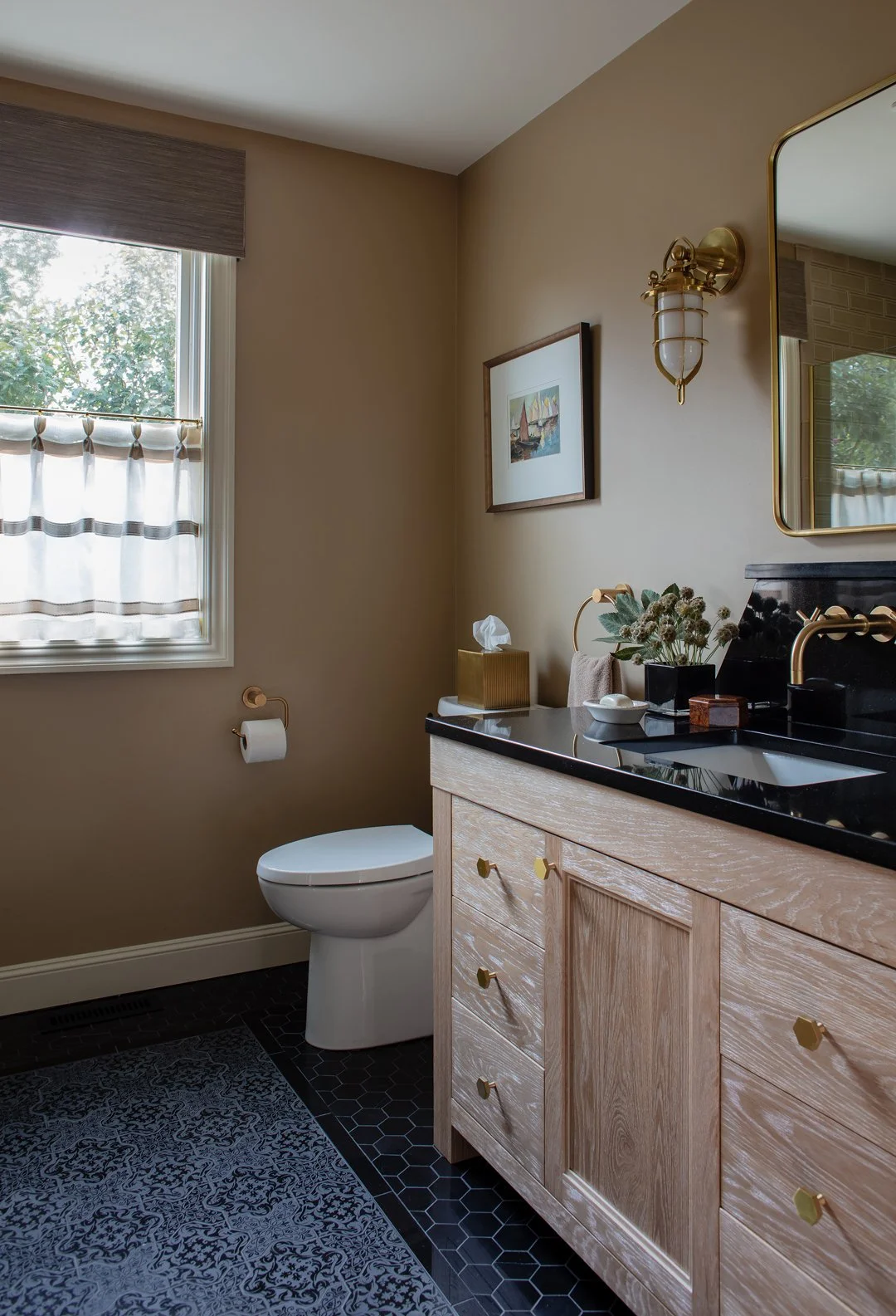 Sacris Design coastal New Hampshire bathroom with natural oak vanity, black granite countertop and black etched stone floor, New Castle Portsmouth NH