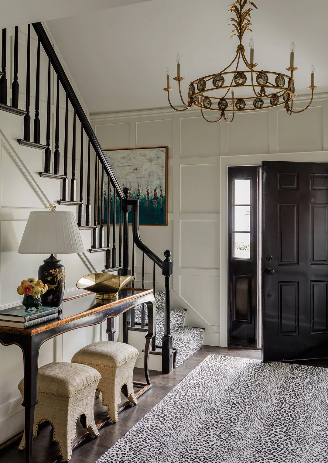 Sacris Design traditional home entry foyer with painted panel millwork and leopard stair runner, Essex County Massachusetts