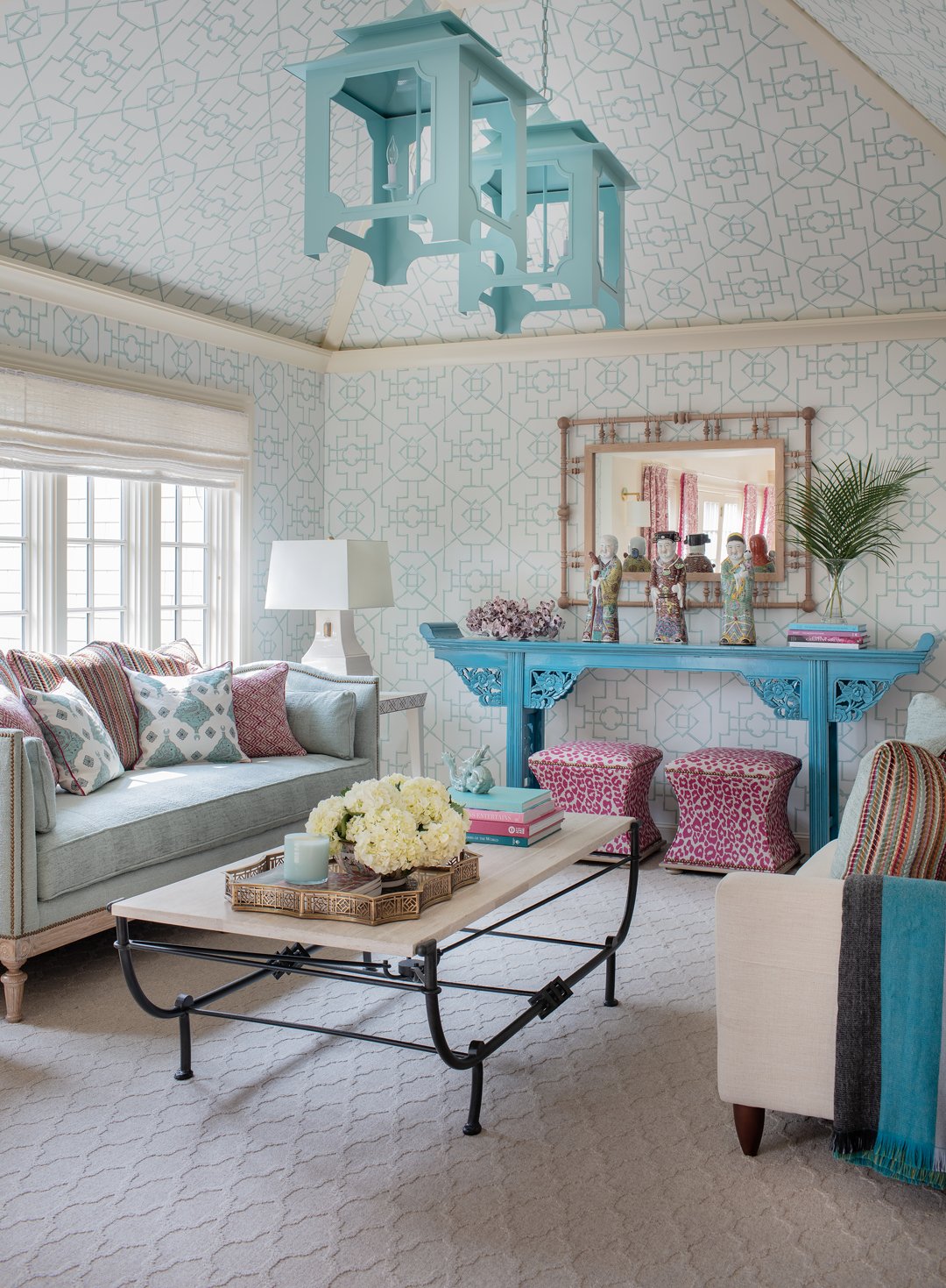 SACRIS coastal New Hampshire living room with hipped ceiling, trellis wallpaper, chinoiserie console and raspberry leopard ottomans, New Castle Portsmouth NH