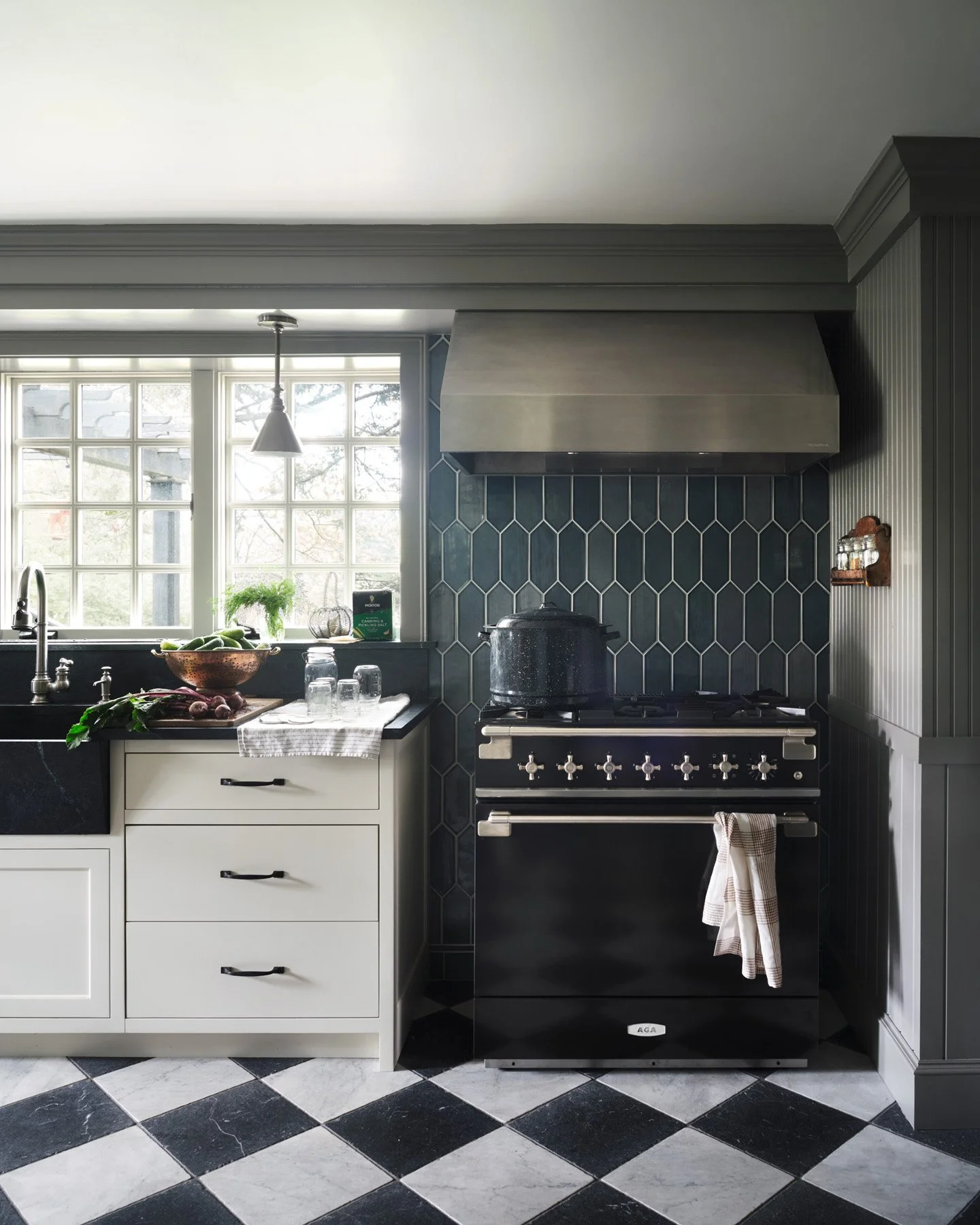 SACRIS Project Studio with freestanding AGA range, blue-green picket tile, brushed metal hood and soapstone counters, Nashua New Hampshire