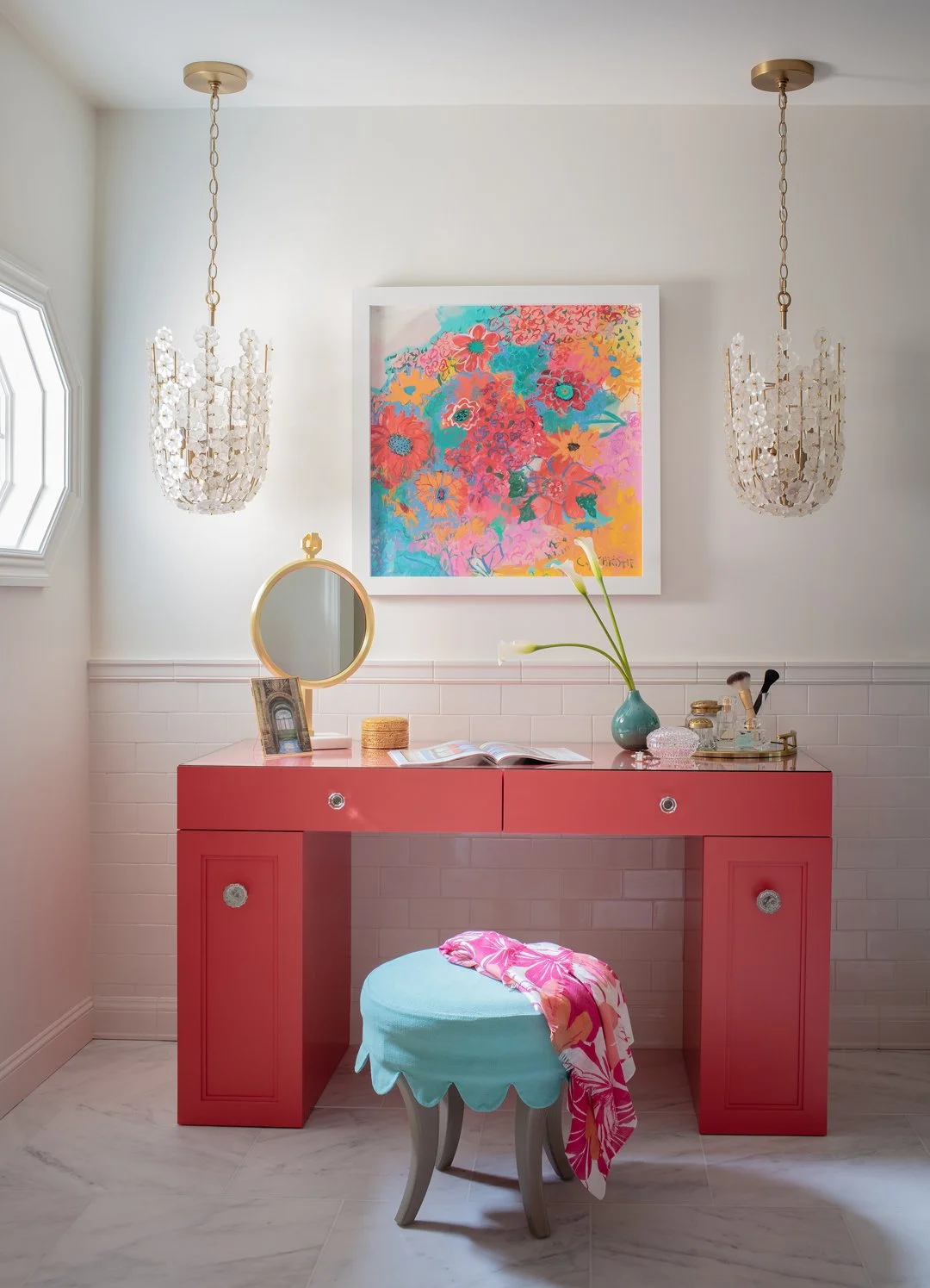 SACRIS Portsmouth New Hampshire bathroom with custom coral painted make-up vanity, crystal knobs and scallop upholstered stool, New Castle NH