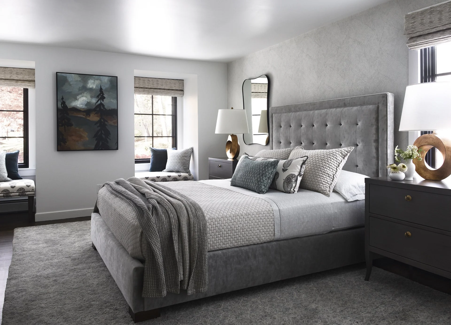 Sacris Design luxury primary bedroom with gray velvet tufted headboard, serving Maine New Hampshire and North Shore Massachusetts