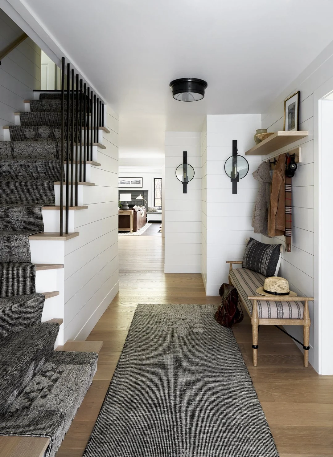 Sacris Design traditional home entry hall with shiplap walls and custom stair runner, serving Portsmouth, Hampton, New Hampshire , Maine and North Shore MA