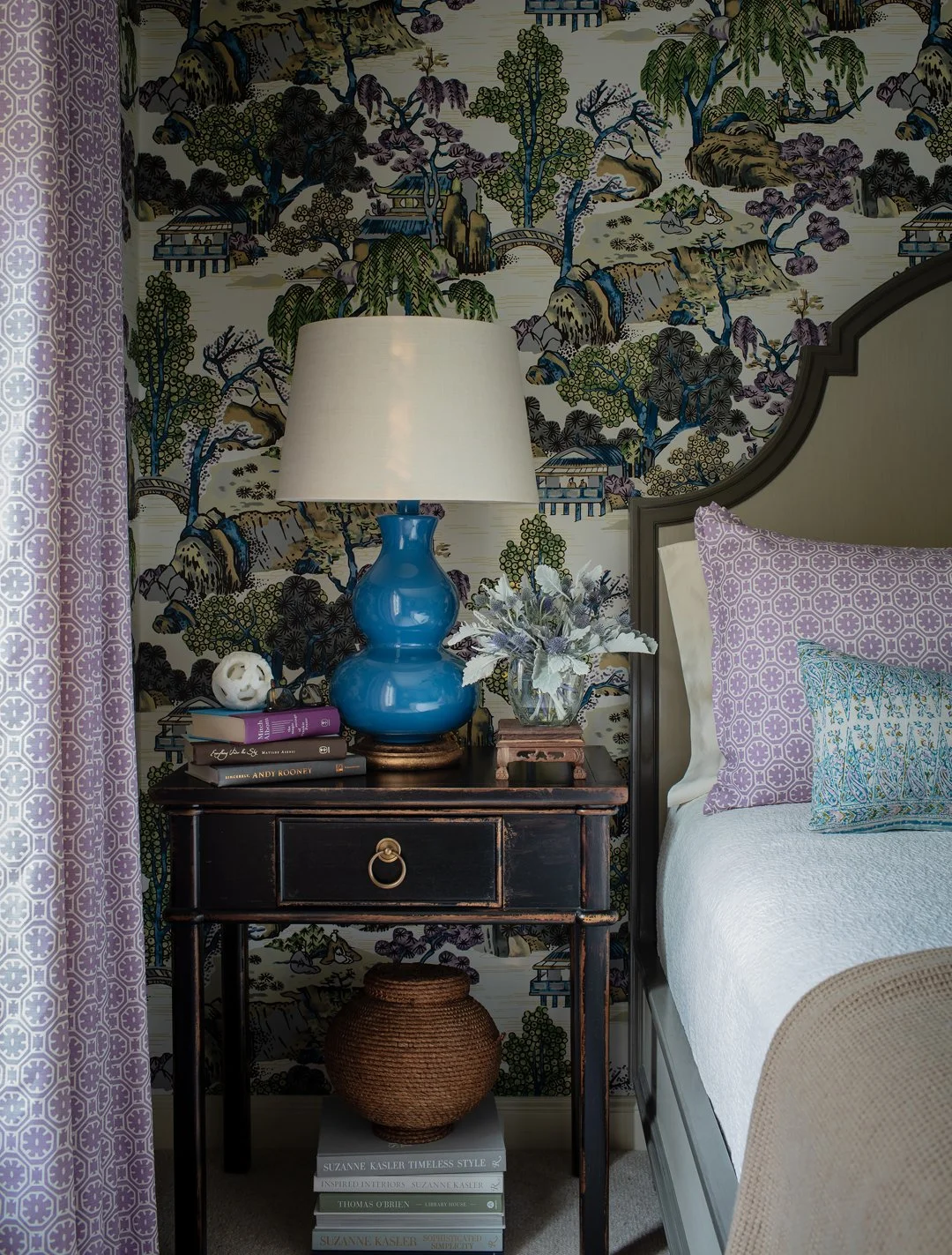 Sacris Design New Castle New Hampshire bedroom detail with chinoiserie landscape wallpaper, purple geometric drapery and blue ceramic lamp, Portsmouth NH