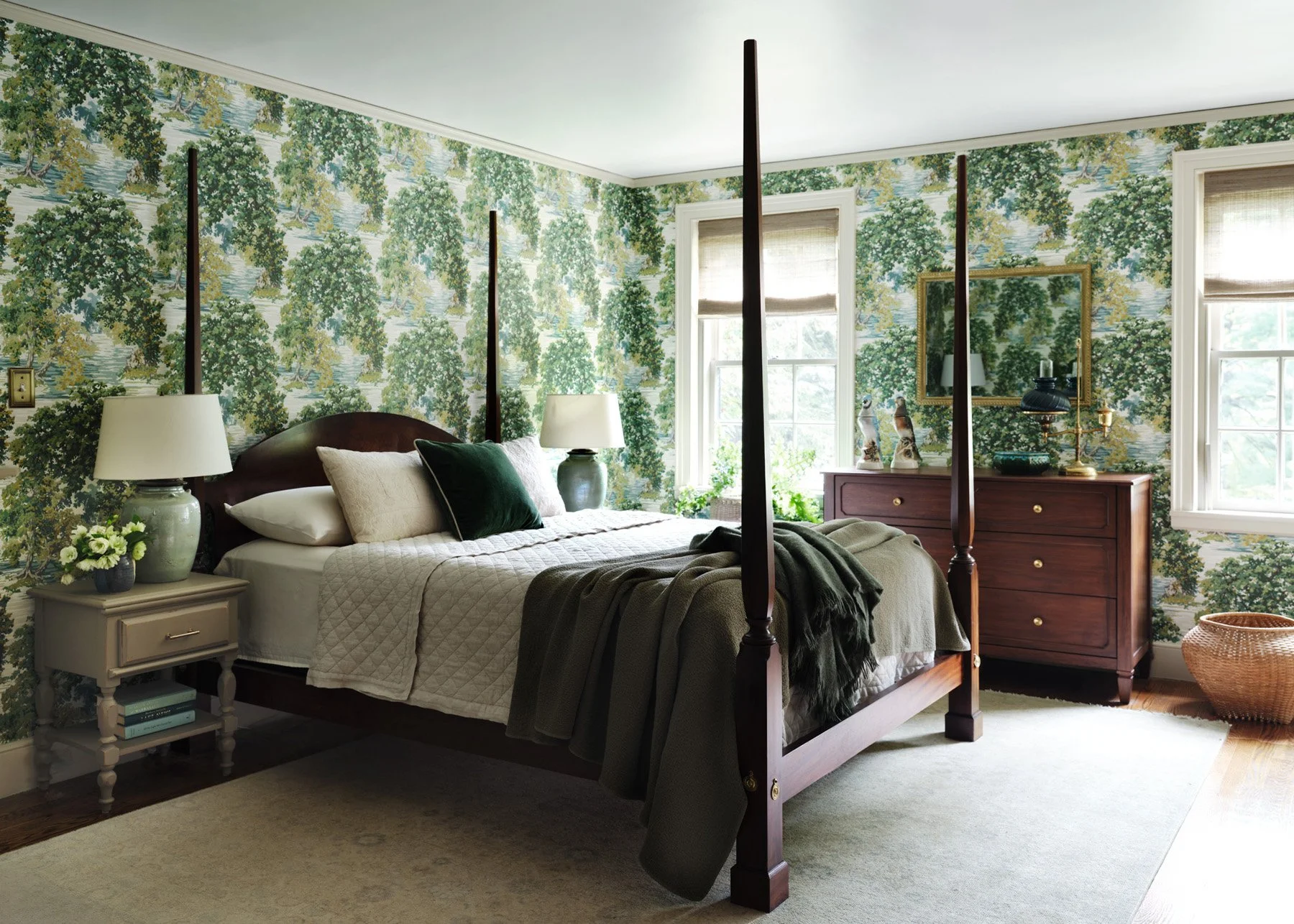 SACRIS bedroom with scenic tree wallcovering, mahogany four-poster bed, woven shades and antique chest, Nashua New Hampshire