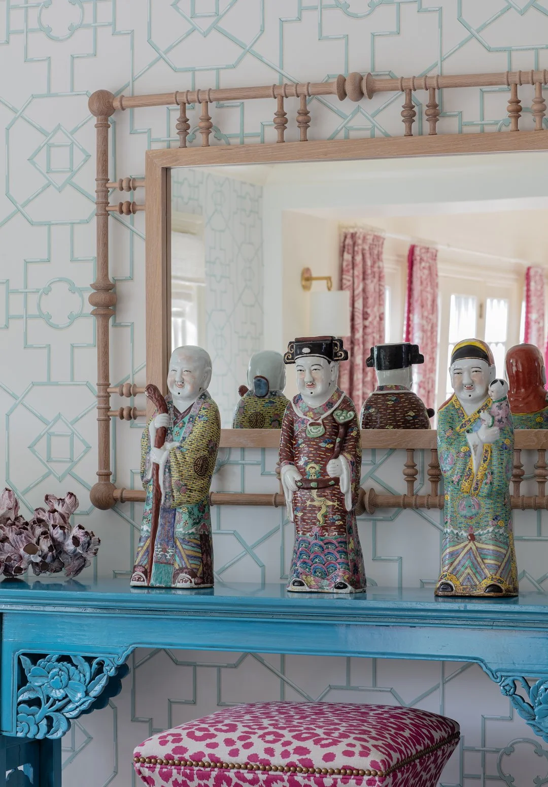 SACRIS coastal New Hampshire living room detail with chinoiserie console, antique Fu, Lu, Shou, Chinese figurines and trellis wallpaper, New Castle Portsmouth NH