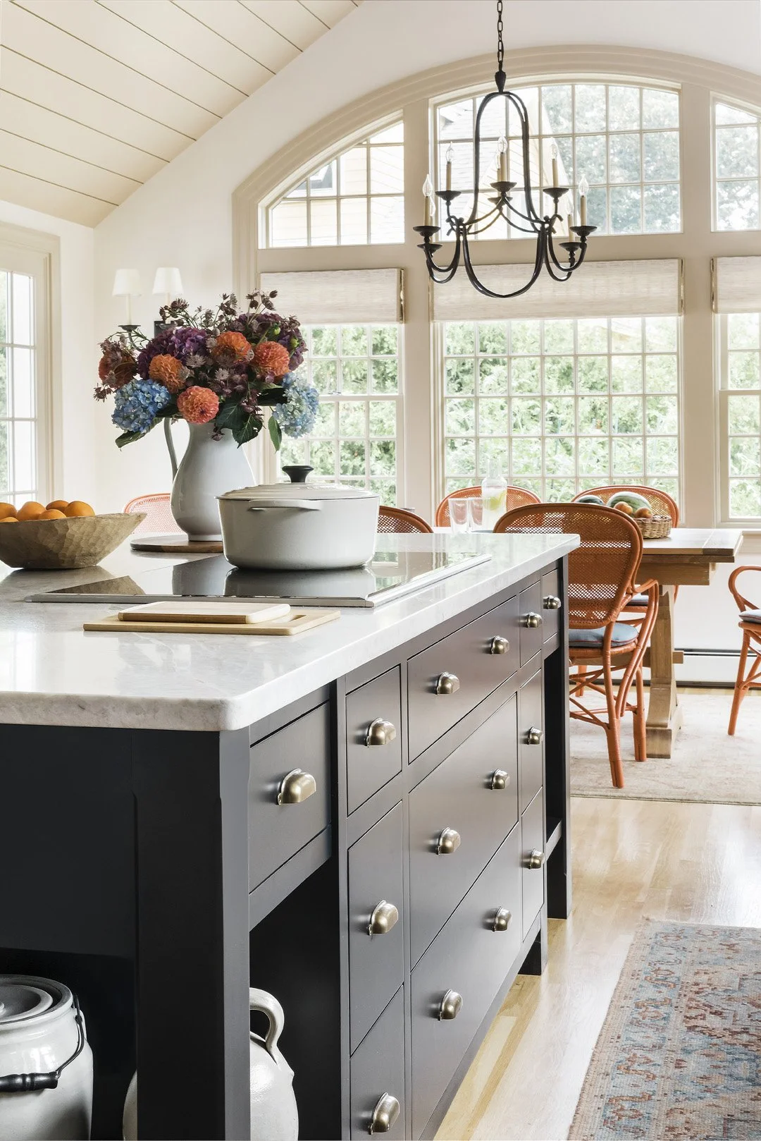 Sacris Design traditional home kitchen with black island with Taj Mahal quartzite and Wolf induction cooktop, serving York County Maine and North Shore Massachusetts