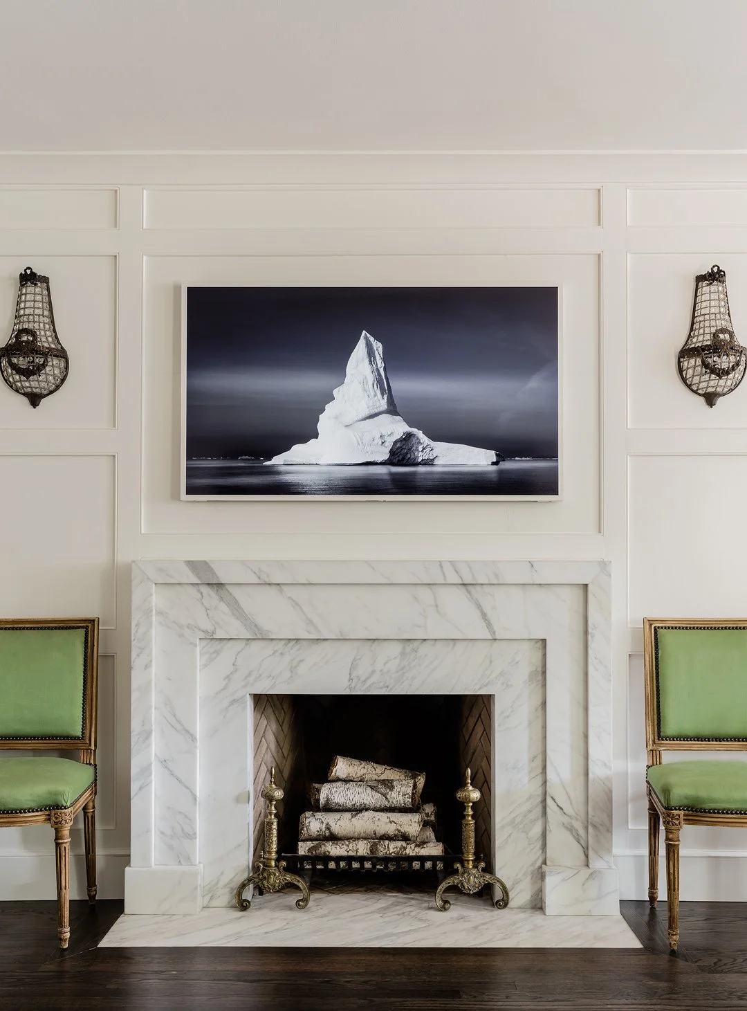Sacris Design formal living room with carved marble fireplace and painted panel millwork, serving Portsmouth New Hampshire and North Shore Massachusetts