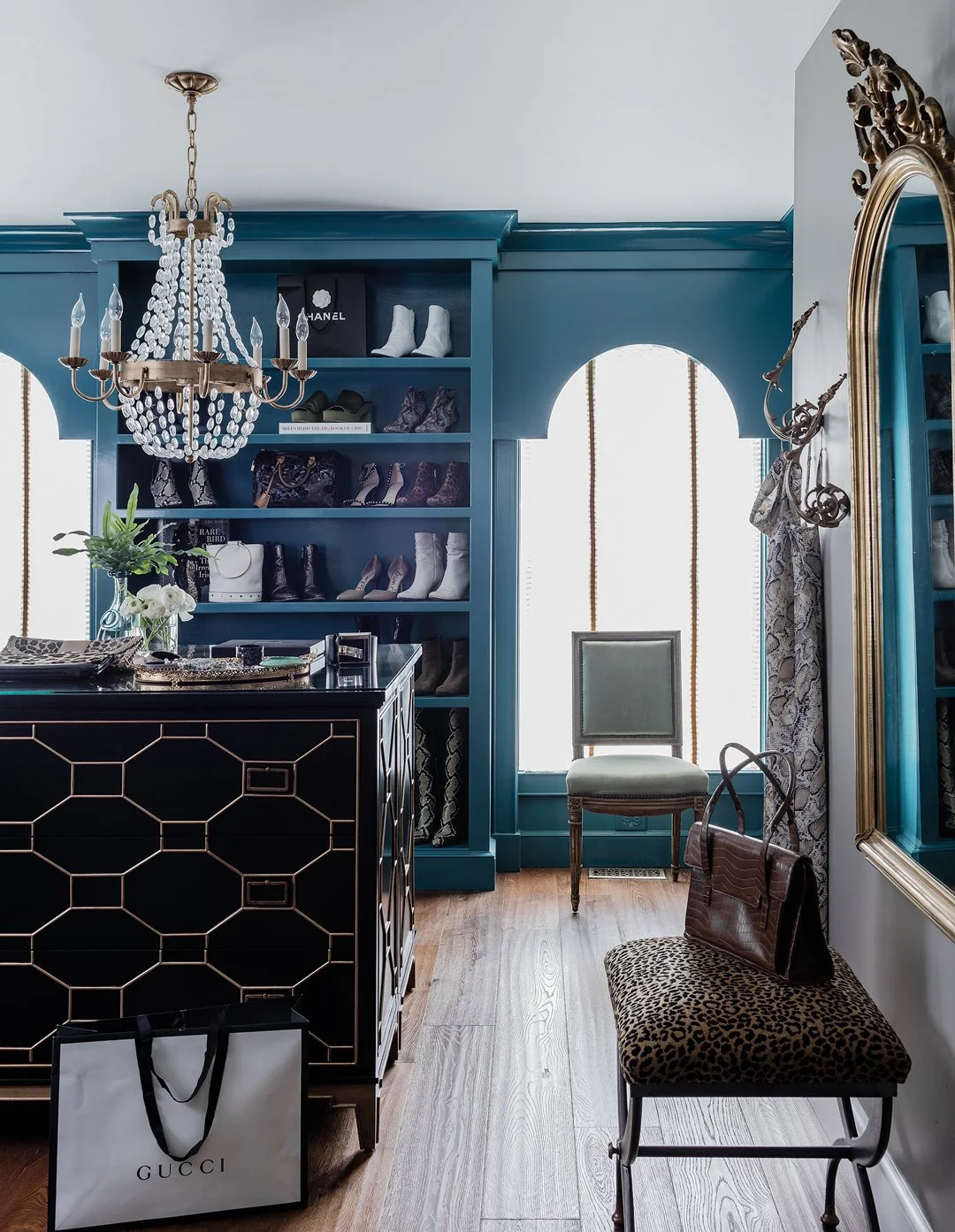 Sacris Design luxury dressing room with lacquered custom cabinetry built-ins and crystal chandelier, Boston's North Shore