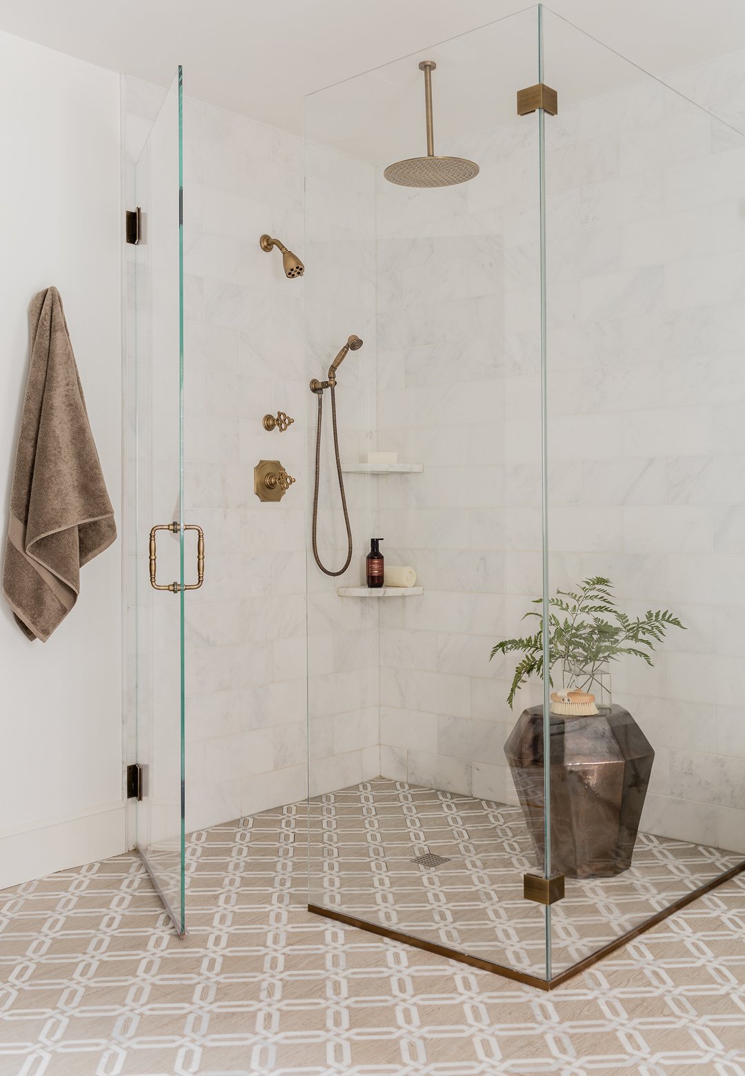 Sacris Design luxury bathroom with marble zero clearance shower and antique brass fixtures, Merrimack Valley Massachusetts