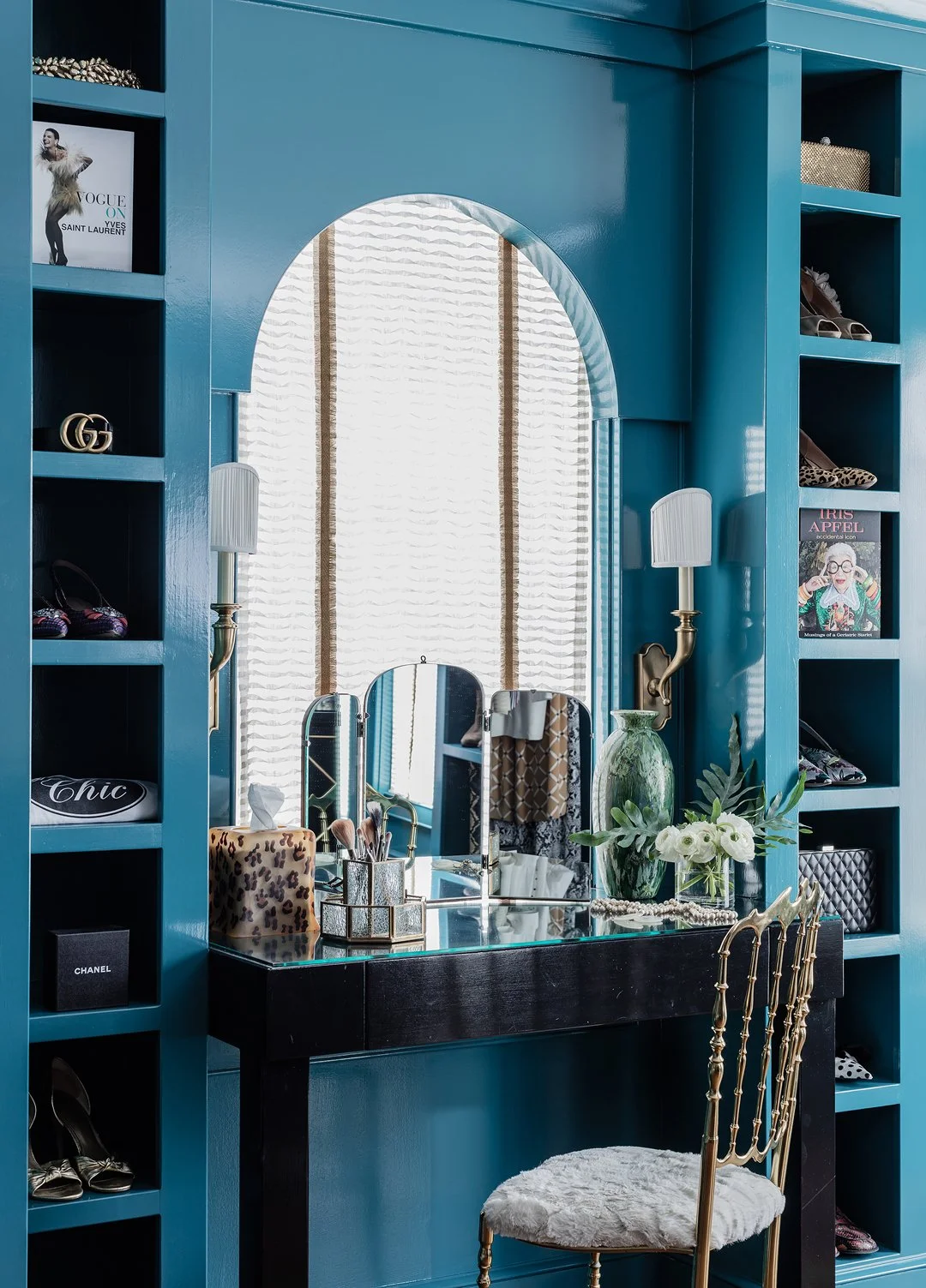 Sacris Design high end walk-in closet with lacquered built-ins and arched window valance, serving coastal New Hampshire and North Shore Massachusetts