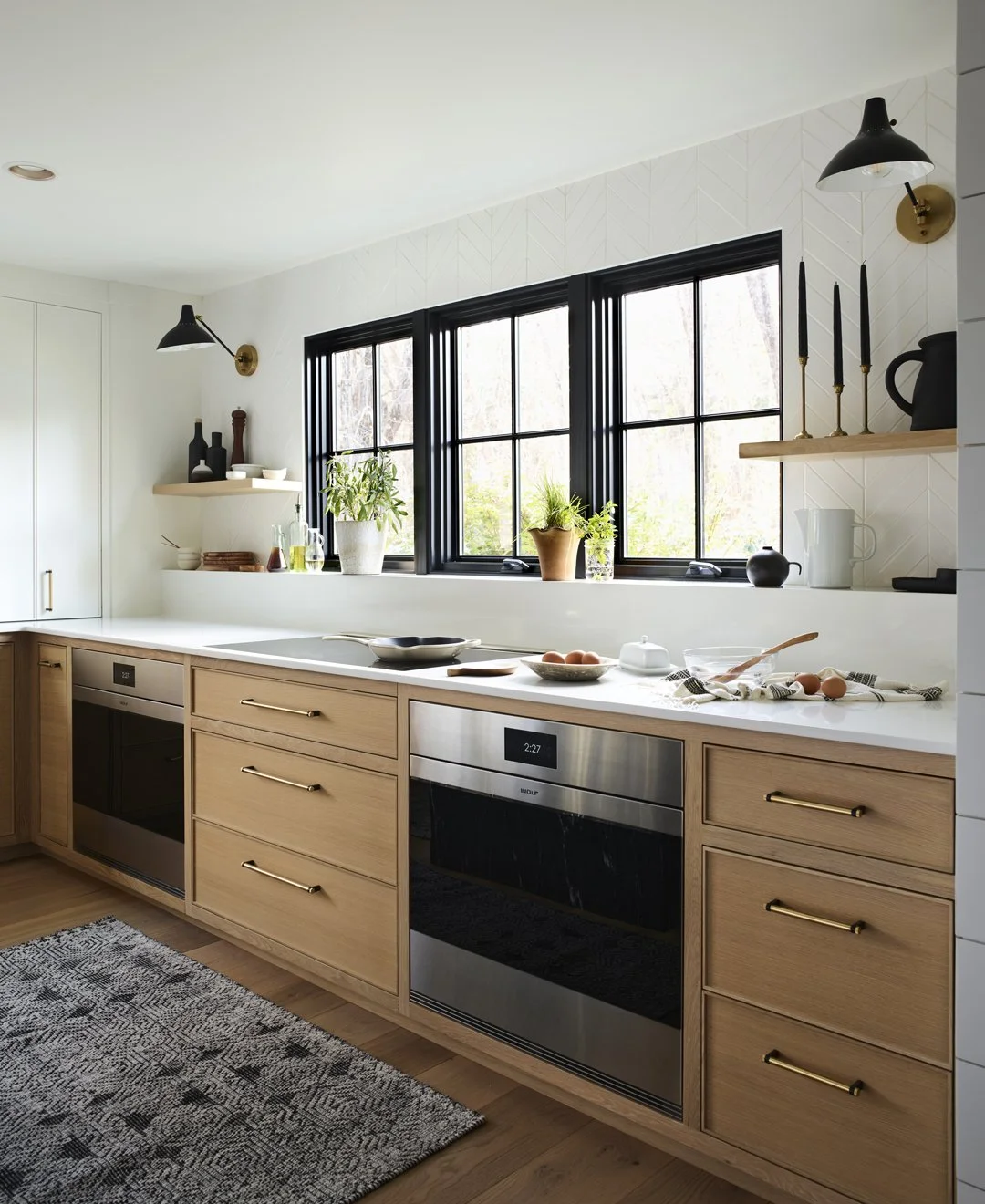 Sacris Design luxury traditional home kitchen with Wolf double oven and open shelving, North Shore Massachusetts