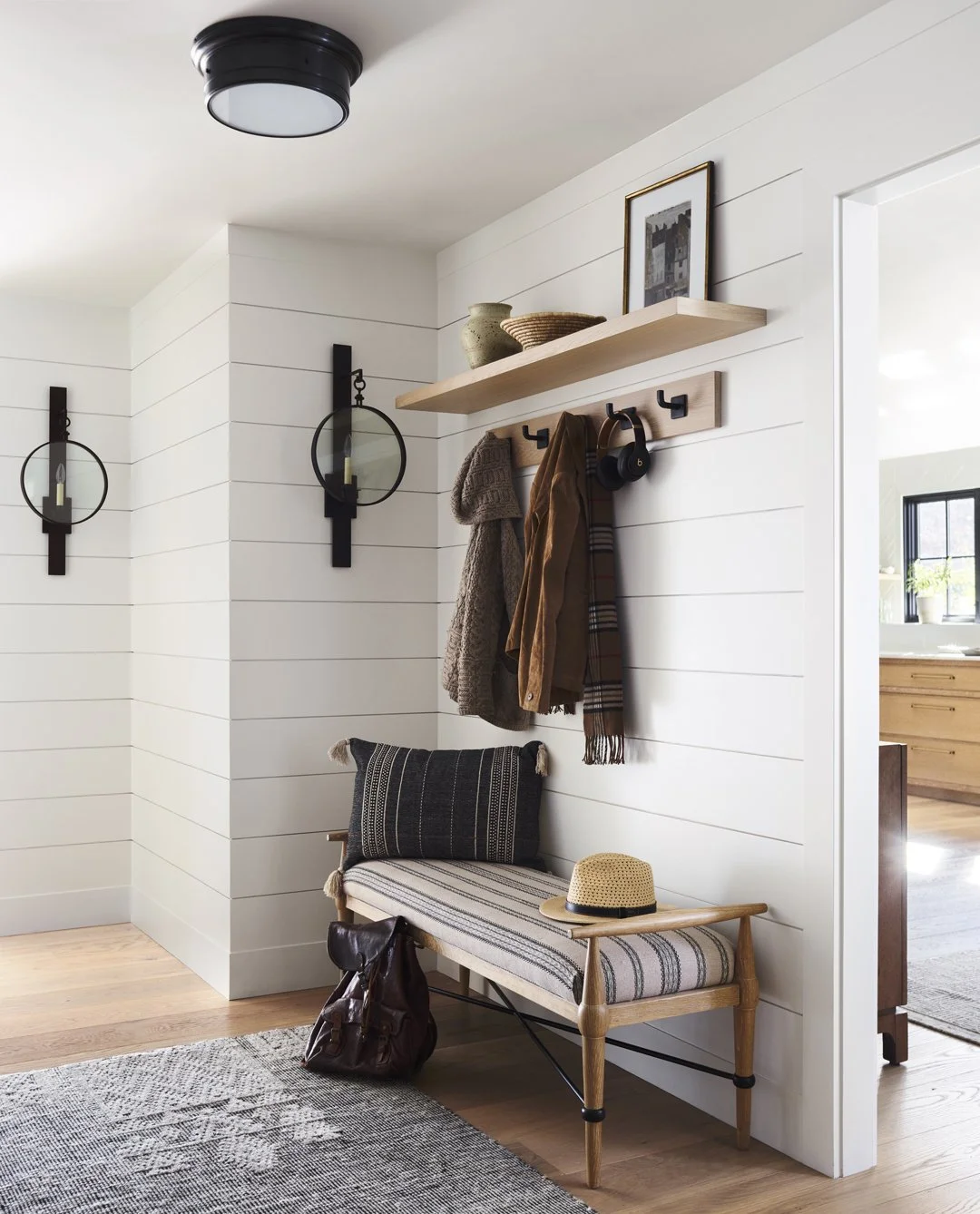 Sacris Design traditional home mudroom with shiplap walls and oak floating shelf, Essex County Massachusetts