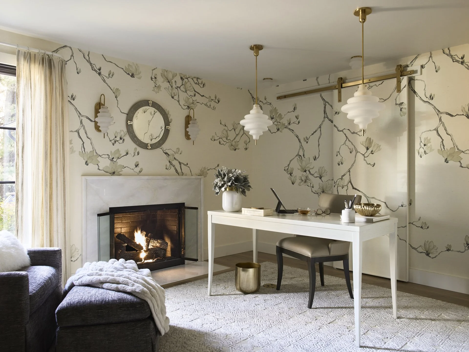 Sacris Design luxury New England home office with painted grasscloth wallpaper and marble fireplace, North Andover Massachusetts