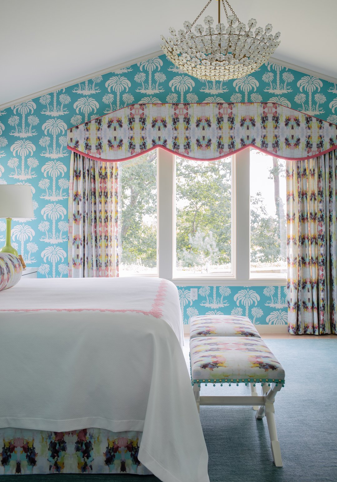 SACRIS coastal New Hampshire guest bedroom with bold tree wallpaper and glass flower chandelier, New Castle Portsmouth NH