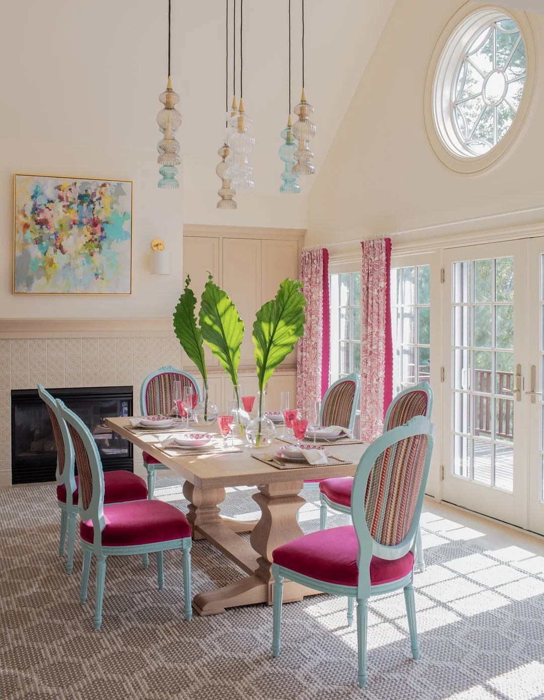 Sacris Design New Castle New Hampshire dining room with vaulted ceiling, sculptural colored glass pendant cluster and painted dining chairs, Portsmouth NH