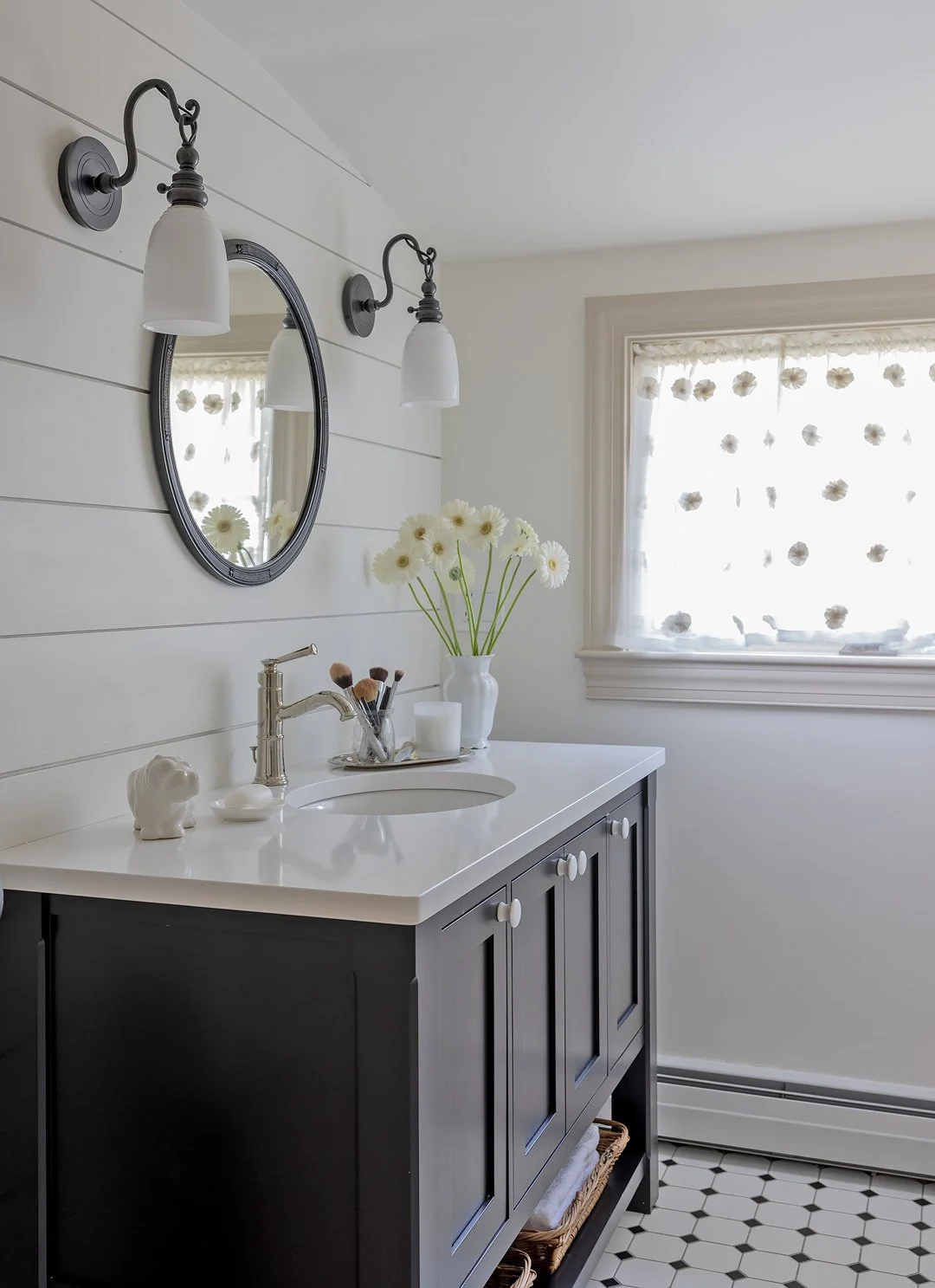 Sacris Design Newburyport Cottage bathroom renovation with shiplap walls, black vanity, white quartz countertop and black and white hex floor tile, Newburyport Massachusetts