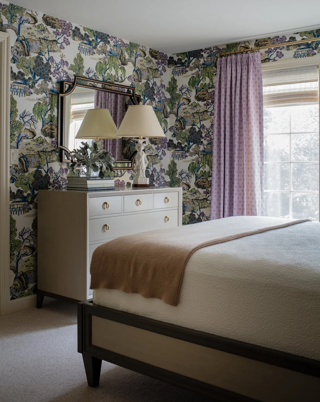 SACRIS Portsmouth New Hampshire guest bedroom with full chinoiserie landscape wallpaper, painted dresser and purple linen drapery, New Castle NH