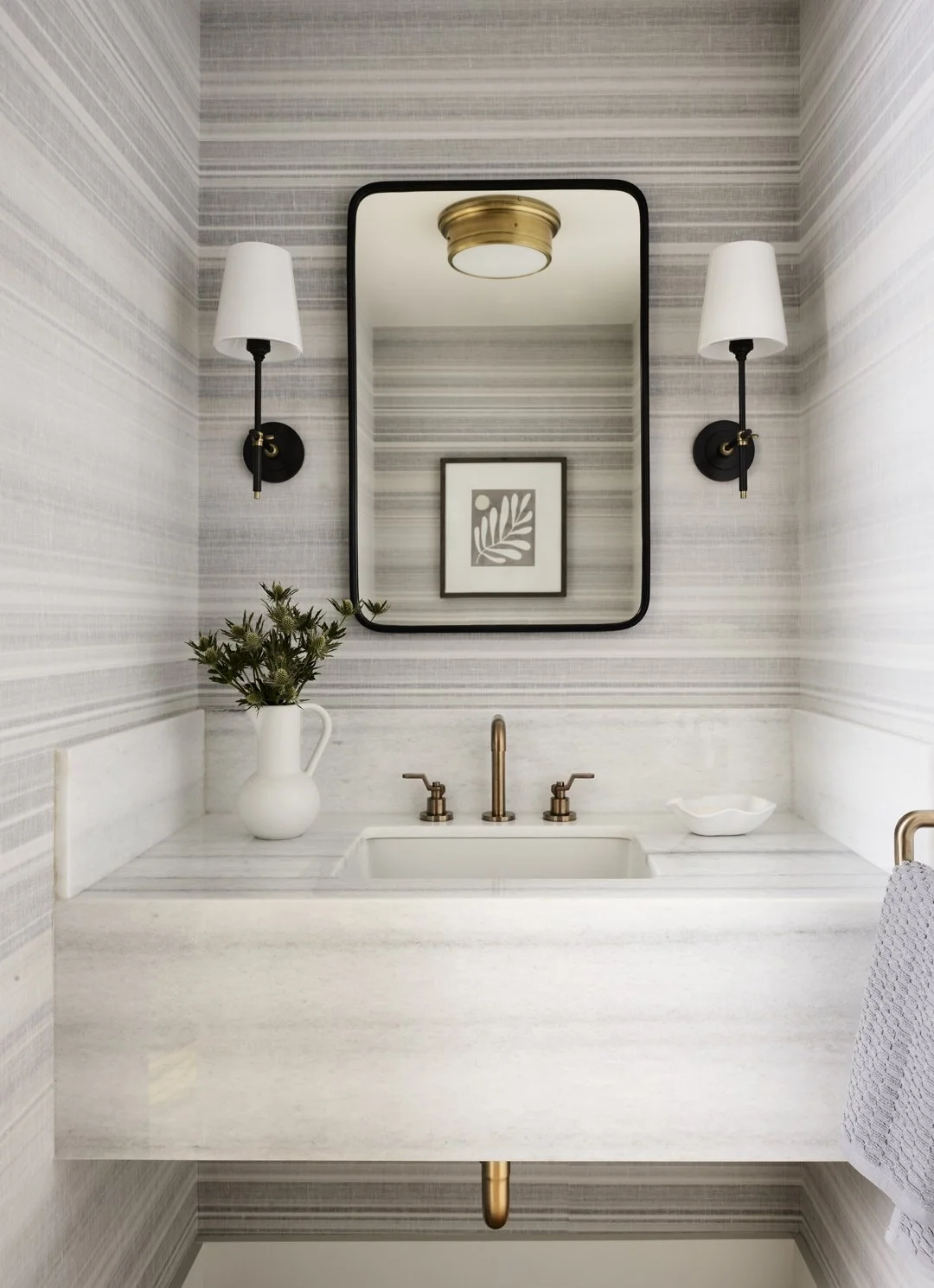 Sacris Design high end interior design powder room with floating marble vanity and string wallpaper, North Andover Massachusetts