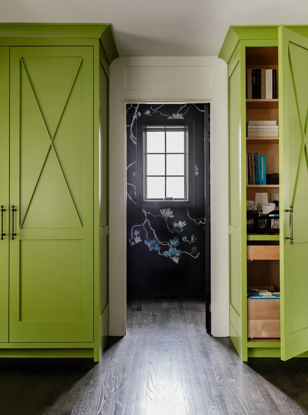 Sacris Design traditional home mudroom with bold chartreuse green cabinets and dark magnolia wallpaper, Andover Massachusetts