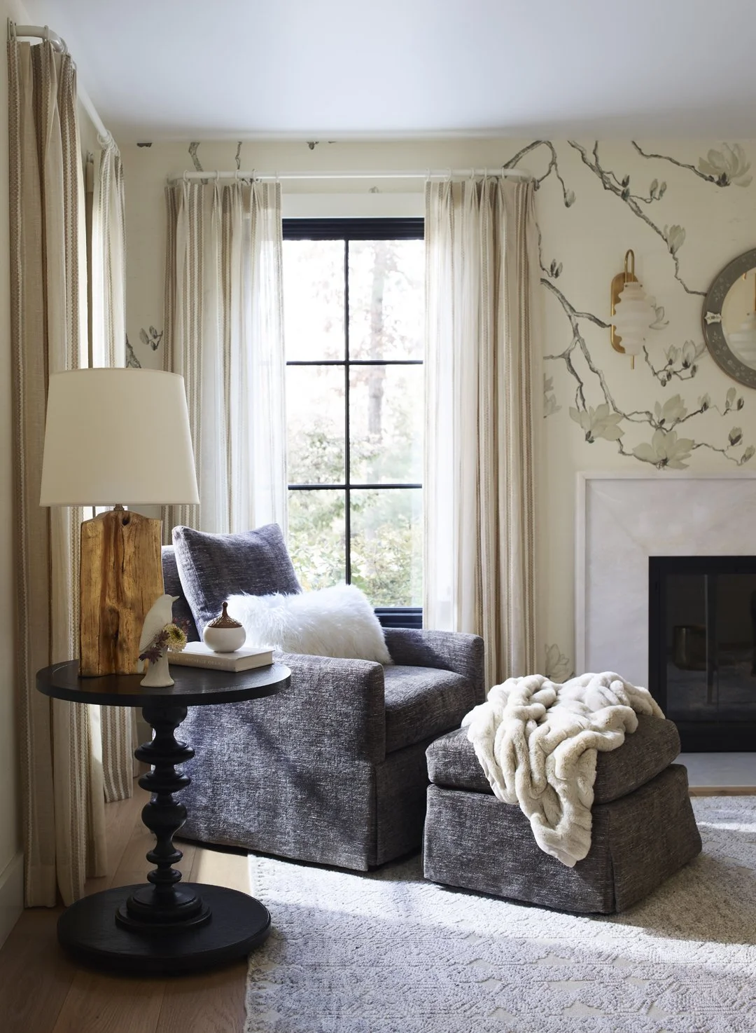 Sacris Design sitting area with painted grasscloth wallpaper and marble fireplace, serving Maine, New Hampshire and North Shore Massachusetts