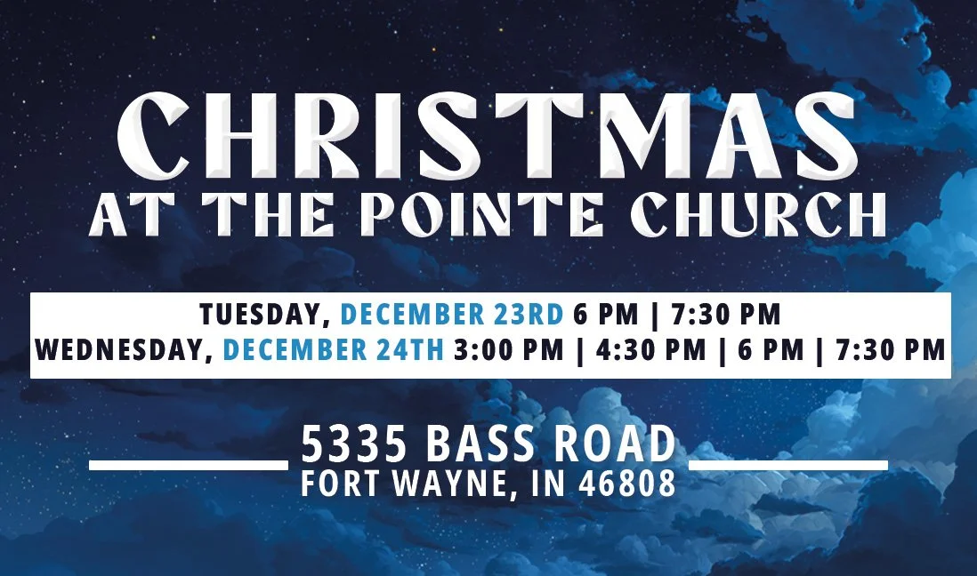 Christmas event flyer at the Pointe Church with event dates, times, and location details against a night sky background with clouds.