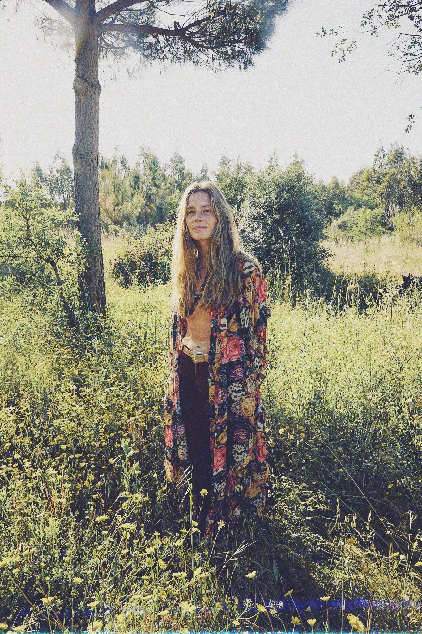 A woman with long, wavy hair standing in a grassy field with trees and bushes in the background on a sunny day.