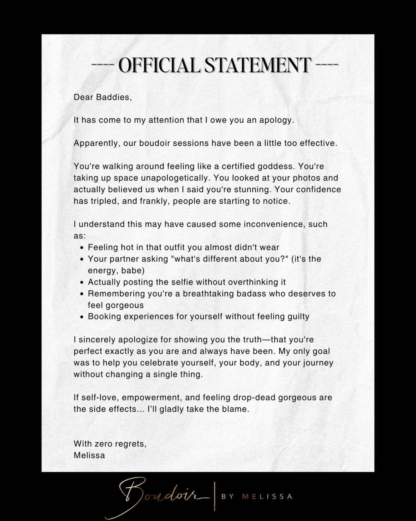 If you&rsquo;re experiencing any of the following side effects after your session:

* Unshakeable confidence
* Main character energy
* An inability to stop posting selfies
* Your partner asking what&rsquo;s different (hint: it&rsquo;s YOU)
* Actually