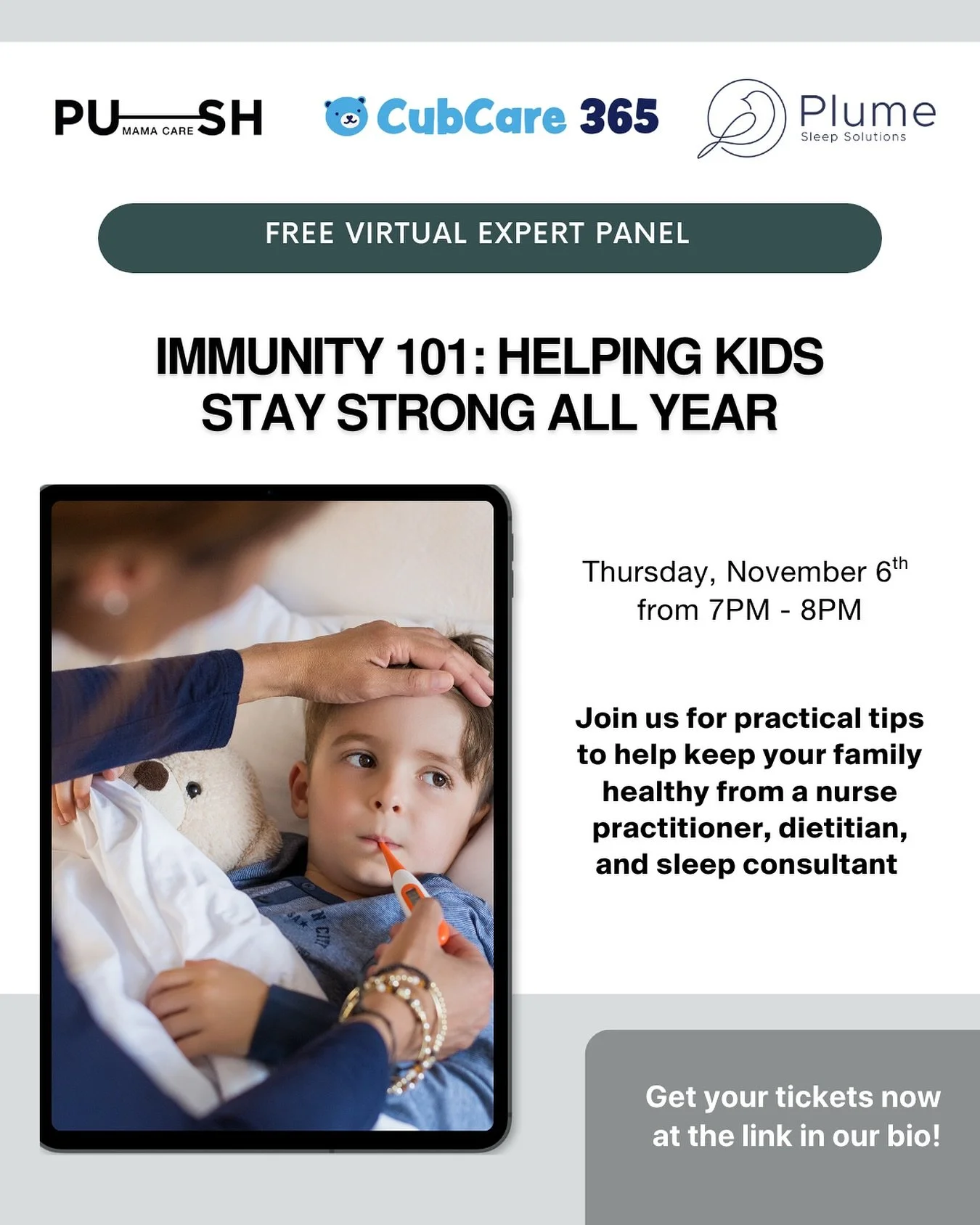 Cold and flu season is here— and we’re here to help your family stay strong! 💪
Join us for a free virtual panel in collaboration with @cubcare_365 and @plumesleep, where we’ll talk all things immune health featuring the perspectiv
