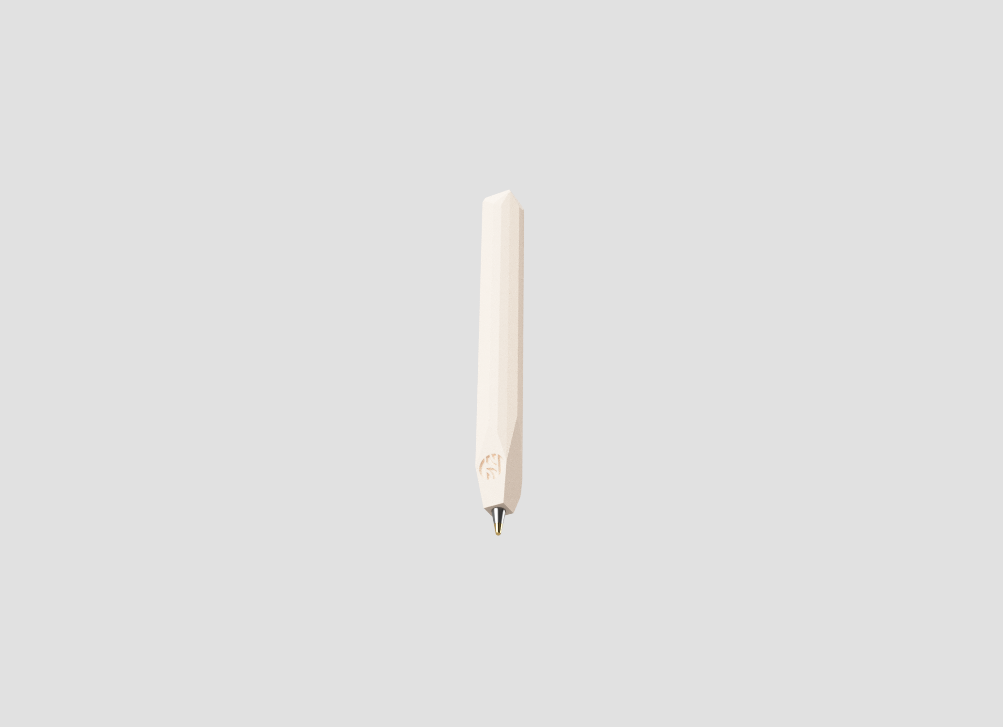 Stylus blanc avec pointe métallique, vu de dessus, sur fond gris clair.
