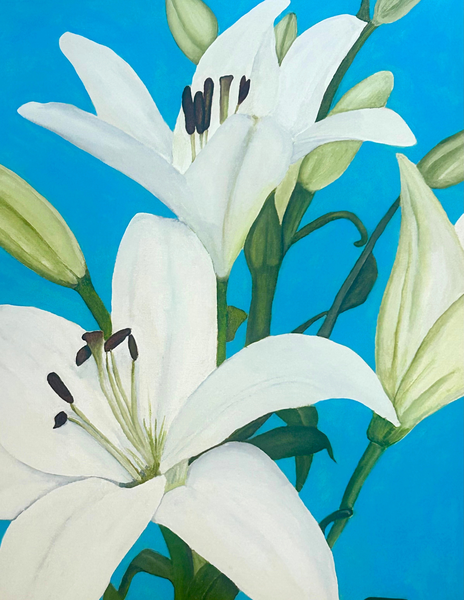 Painting of white lilies with green stems and leaves on a blue background.