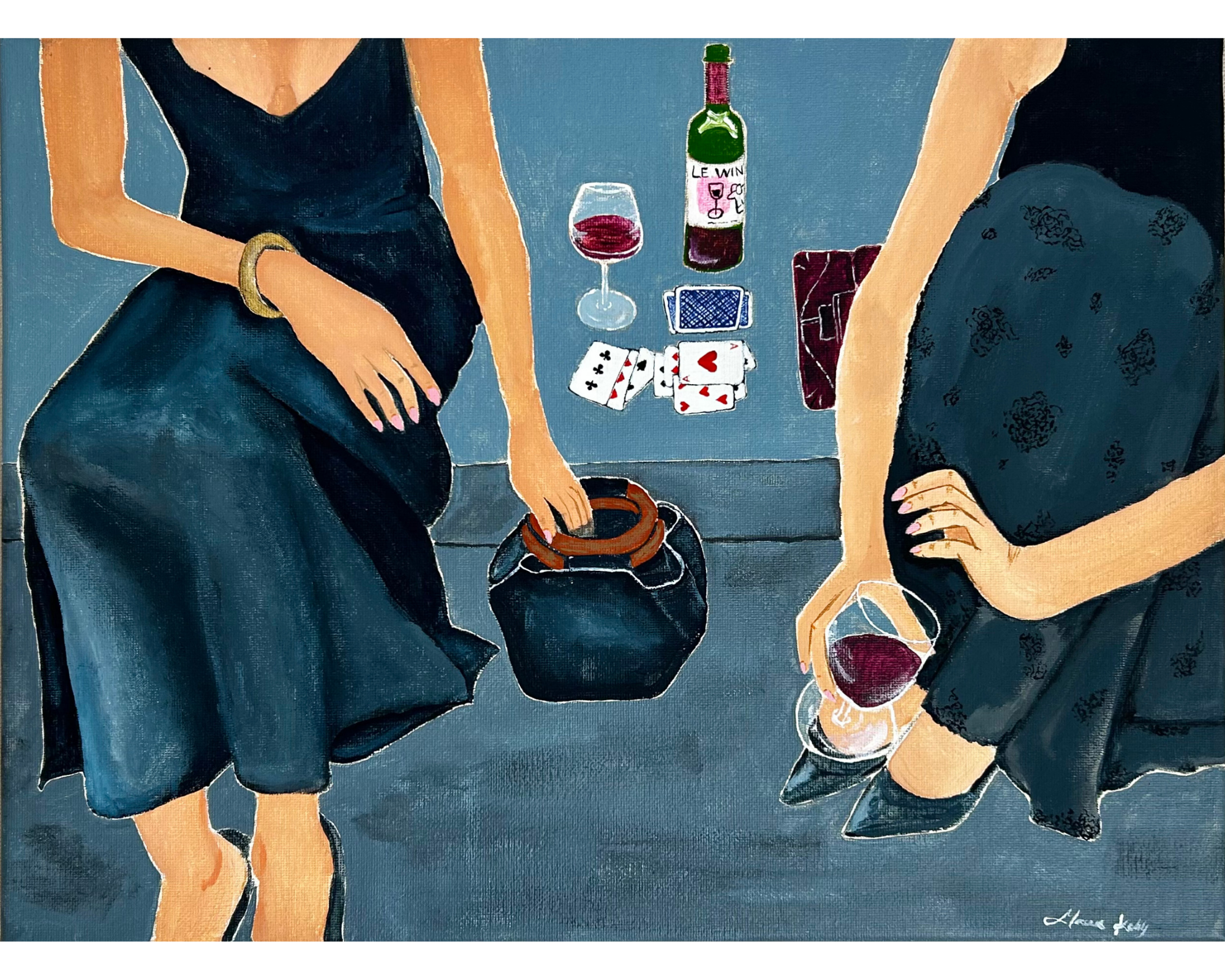 Painting of two women sitting on a blue floor, holding glasses of red wine and playing cards, with a bottle of wine, a glass of red wine, and a pot on the floor between them.