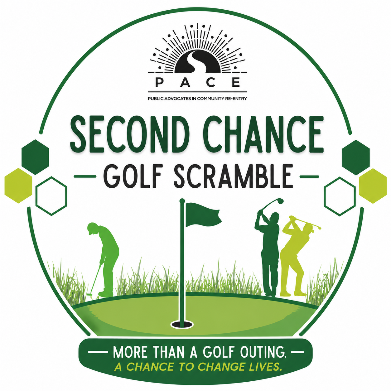 PACE Second Chance Golf Scramble logo featuring golfers, a putting green, and the message, “More than a golf outing. A chance to change lives.”