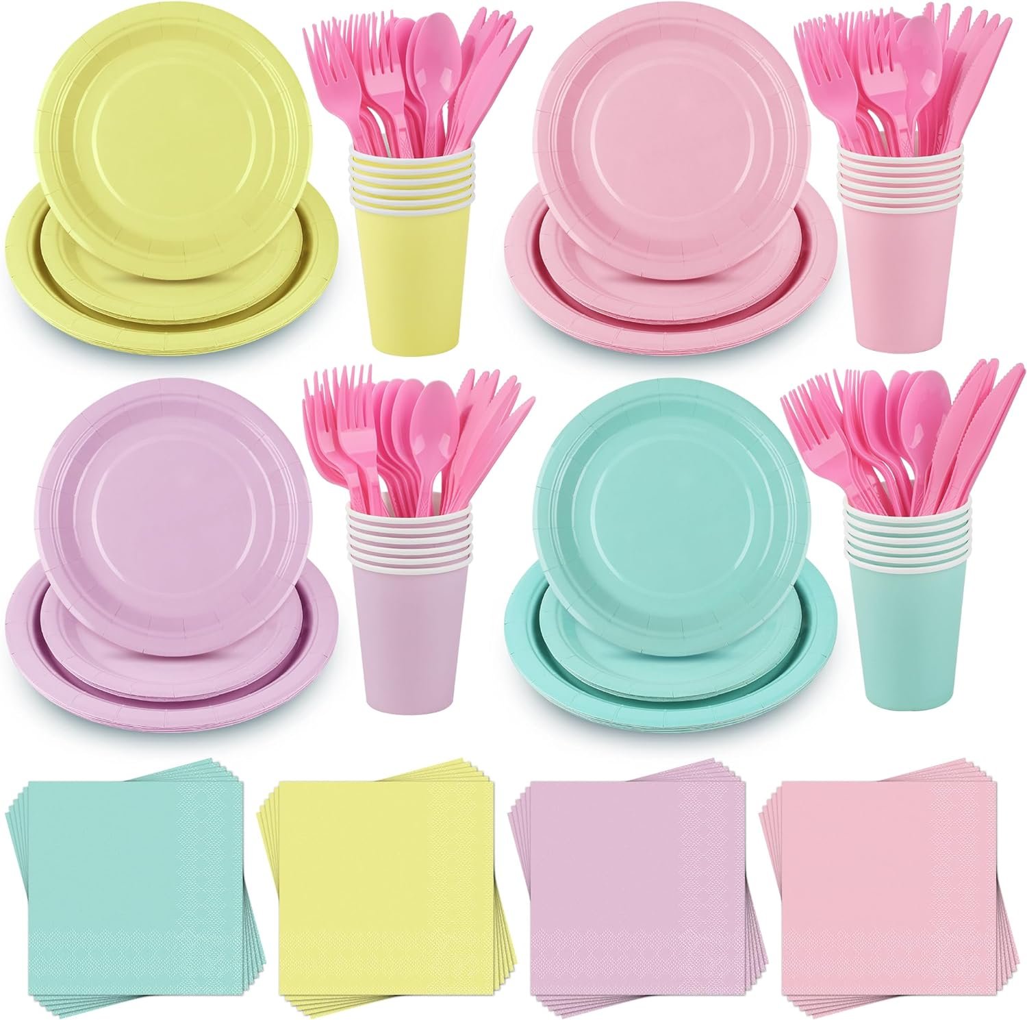 Juego de platos, vasos, servilletas y cubiertos para 12 o 24 invitados.