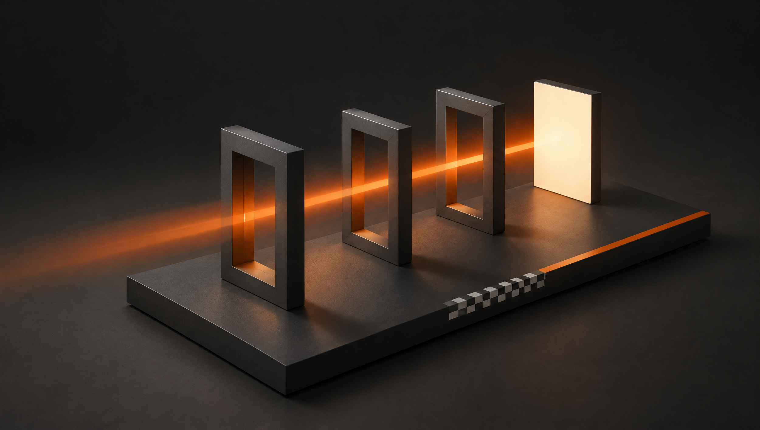An orange directional beam passing through aligned frames toward a single illuminated panel.