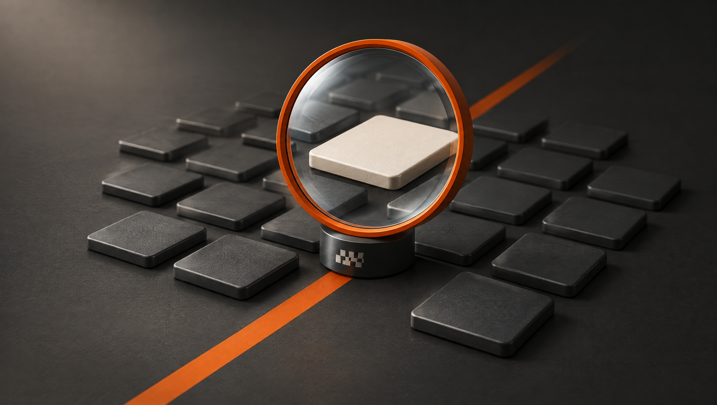 An orange lens revealing a highlighted form among orderly charcoal tiles.