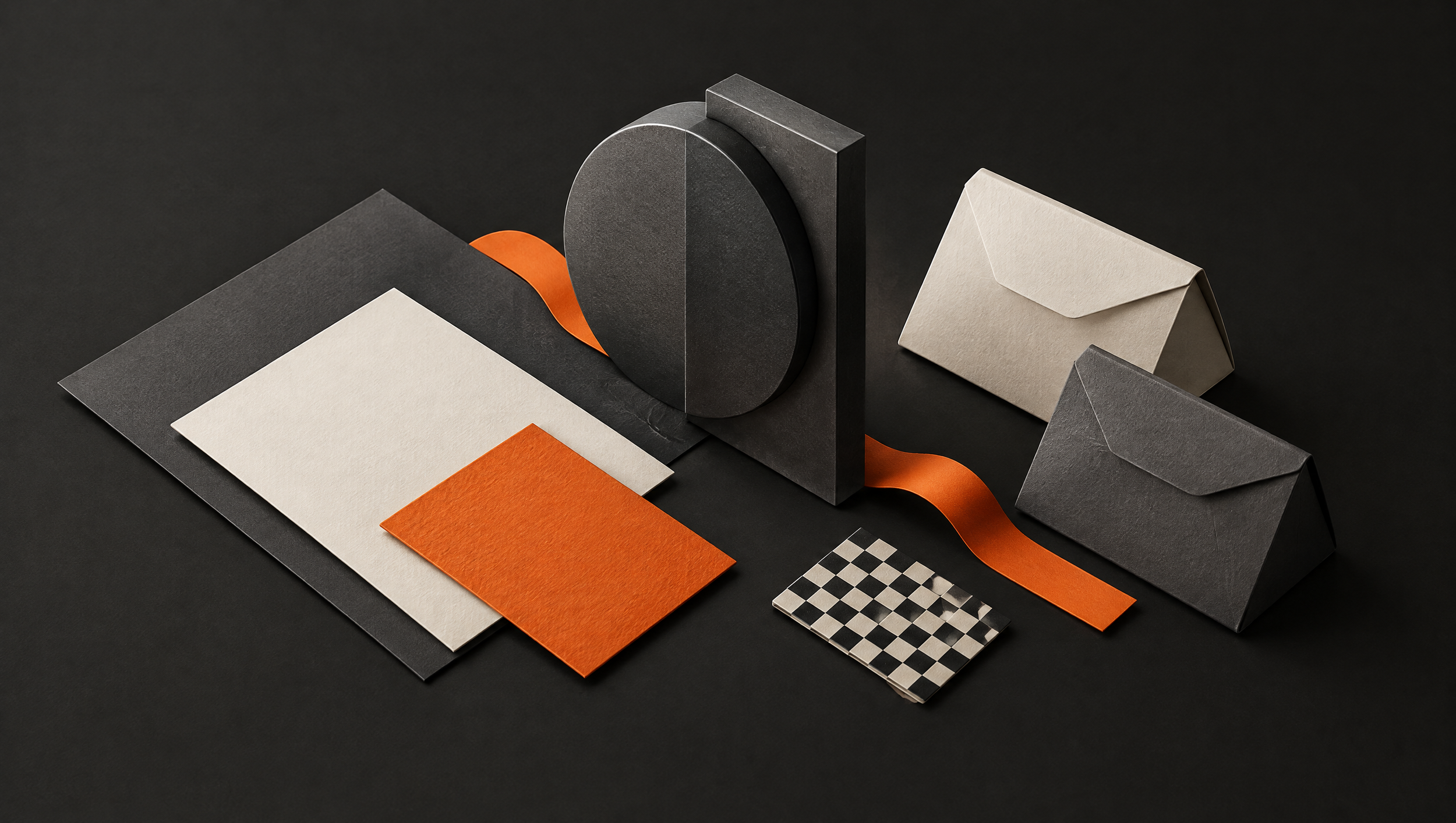 Charcoal and orange material samples with sculptural geometric forms and a checkerboard detail.