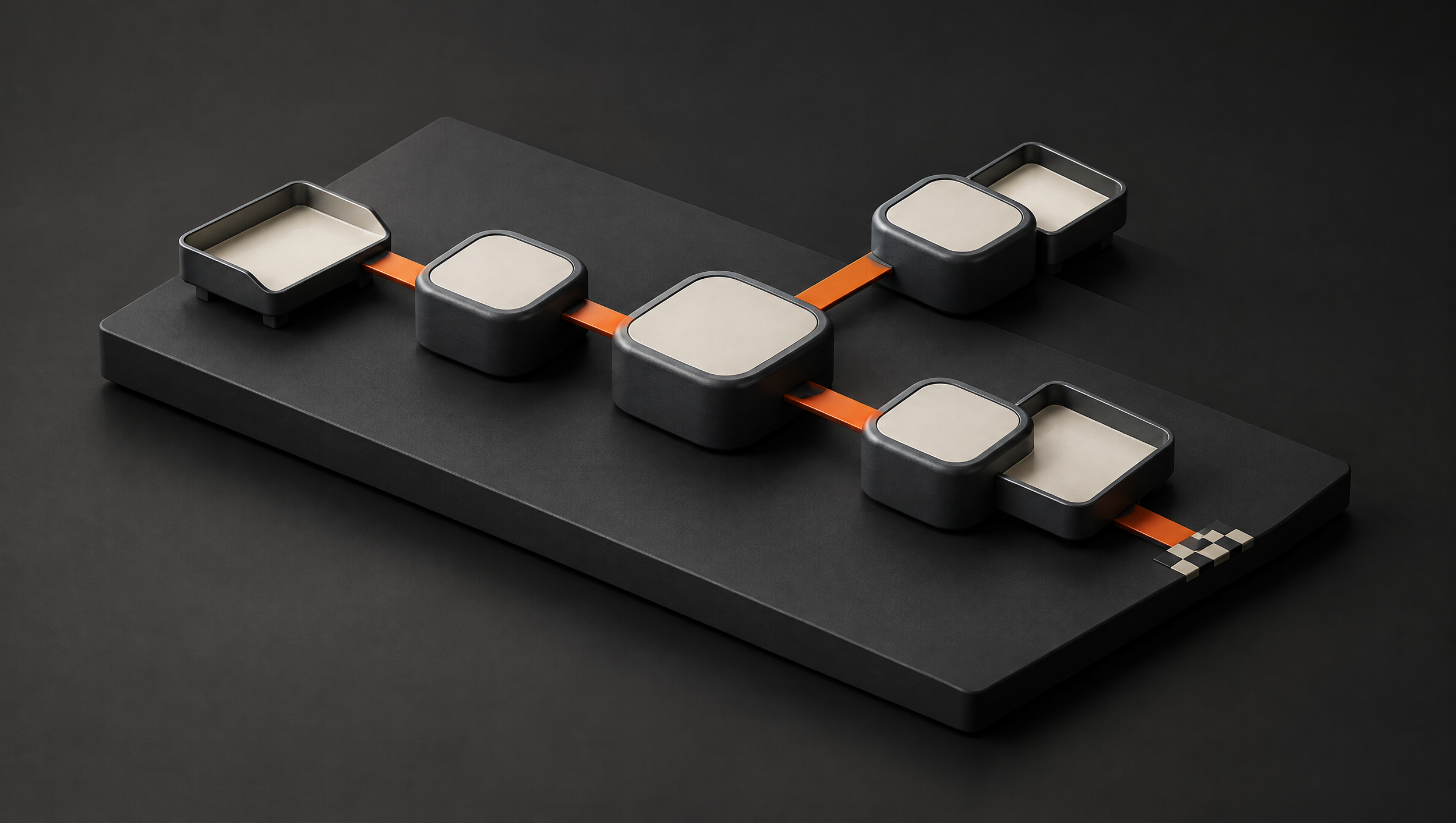 Connected modular blocks and orange pathways representing organized business workflows.