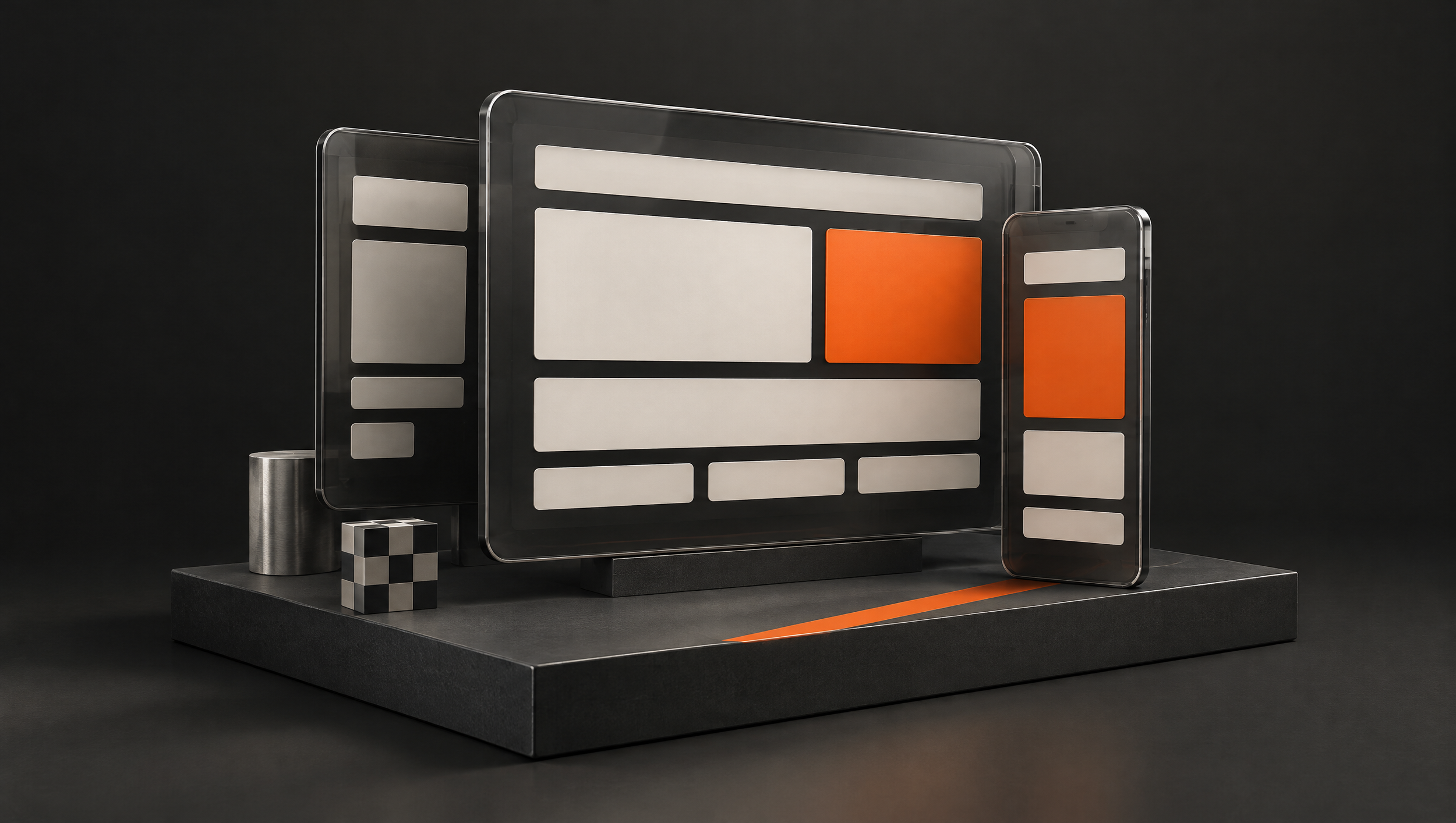 Layered browser and mobile shapes arranged on a charcoal surface with orange design accents.