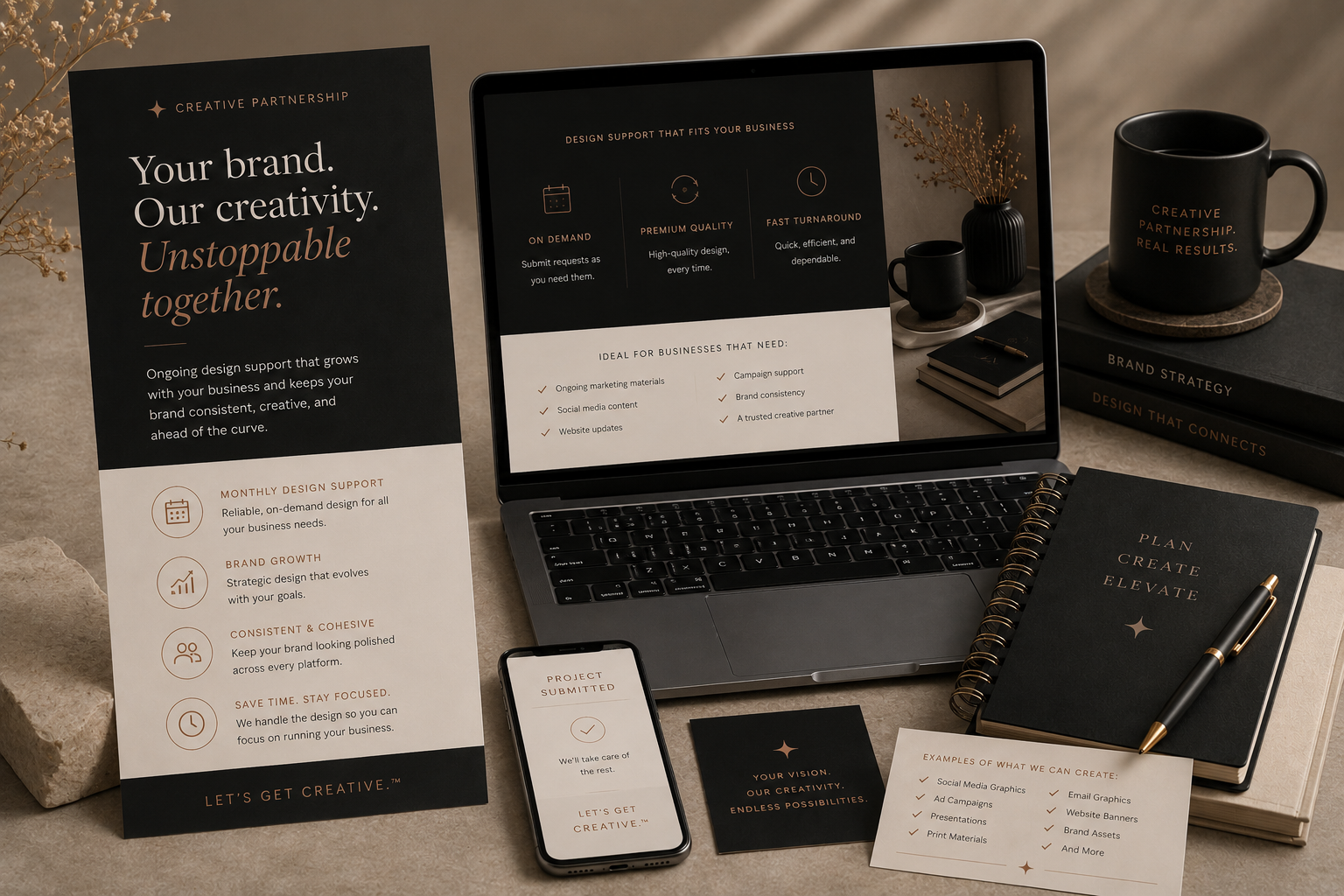 A workspace with a laptop, printed marketing materials, a smartphone, a notebook, and a pen, all in black and tan tones, focusing on branding and design support.